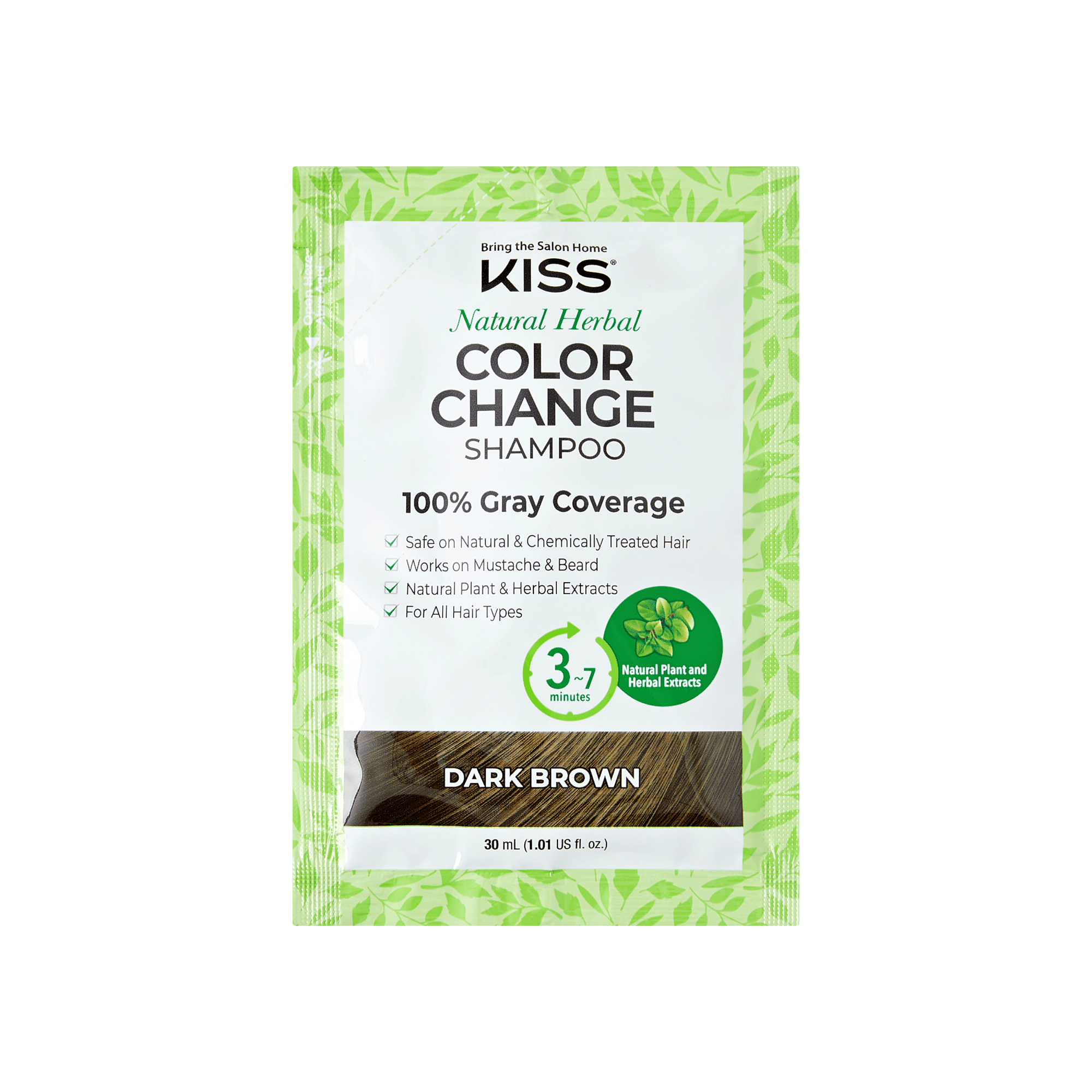 KISS Natural Herbal Color Change Shampoo sachet in green with white label, offers 100% gray coverage in dark brown, takes 3-7 minutes to apply.