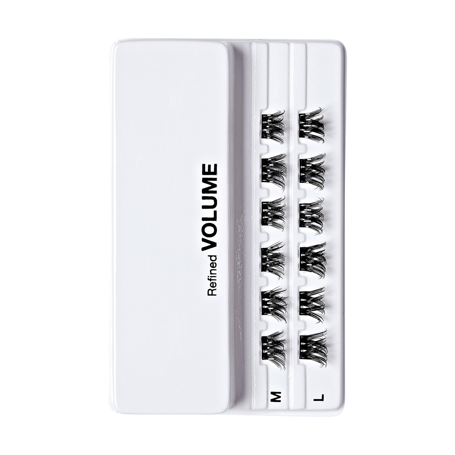 The image shows a white plastic case containing false eyelashes. The case is labeled "Refined VOLUME" on the left side. Inside the case, there are three rows of false eyelashes, each row labeled with a different size: "S" (small), "M" (medium), and "L" (large). The eyelashes are neatly arranged in their respective compartments.