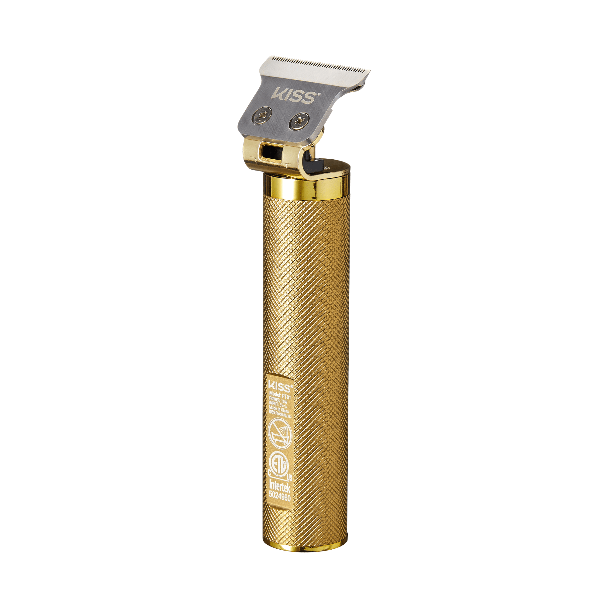 Gold-colored KISS Precision Blade Cordless Trimmer with textured grip handle and silver trimmer blade, model PT01 details on the handle.