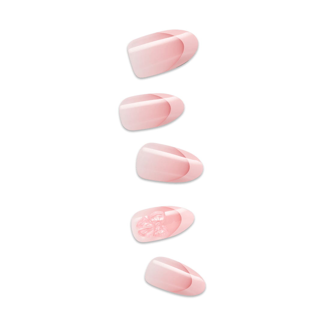 Five pink oval nail designs displaying various nail art styles and finishes.