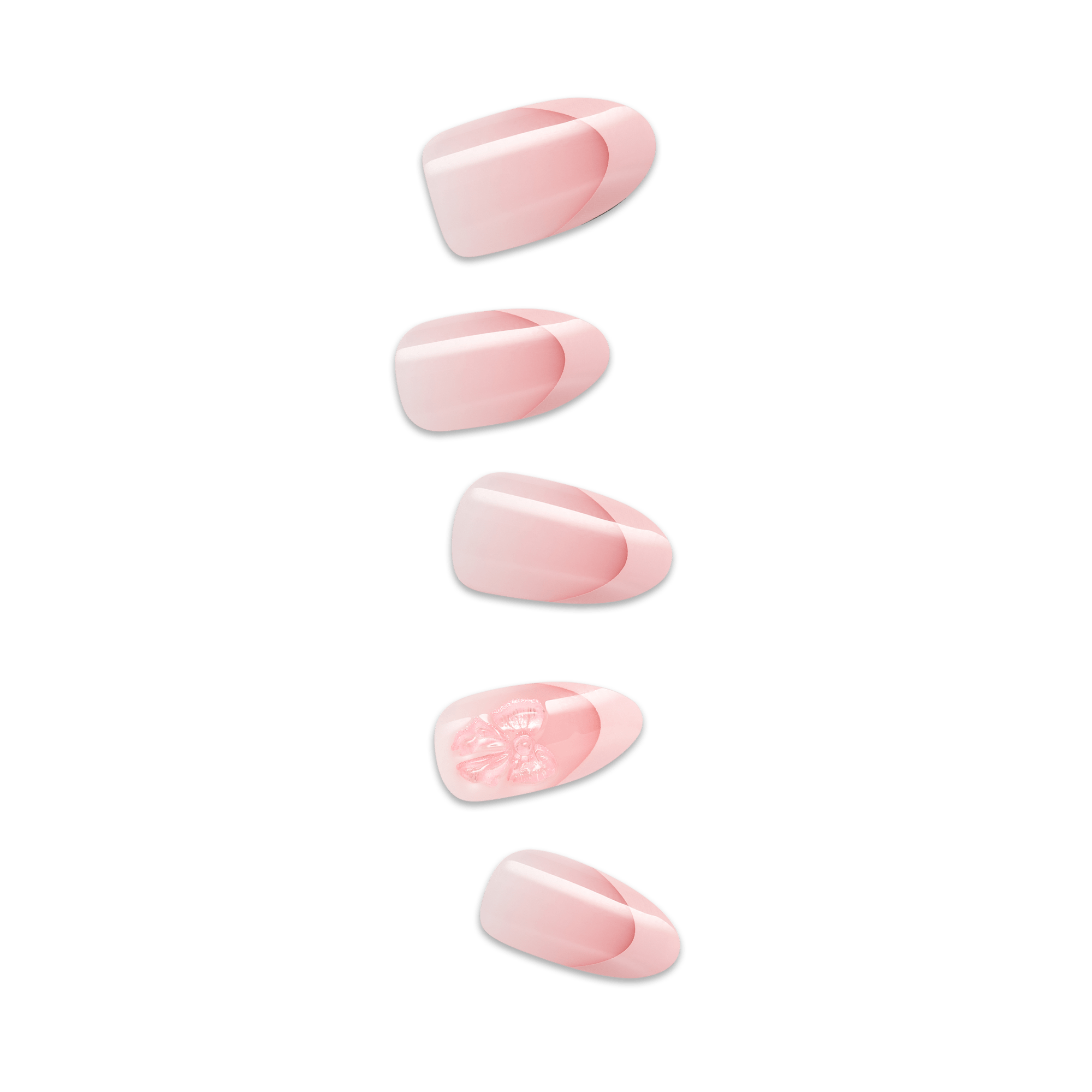 Five pink oval nail designs displaying various nail art styles and finishes.