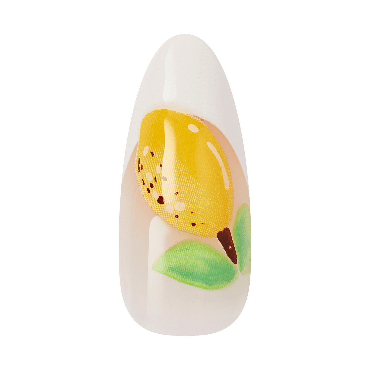 Almond-shaped nail with yellow sunflower design and green leaves on white base.