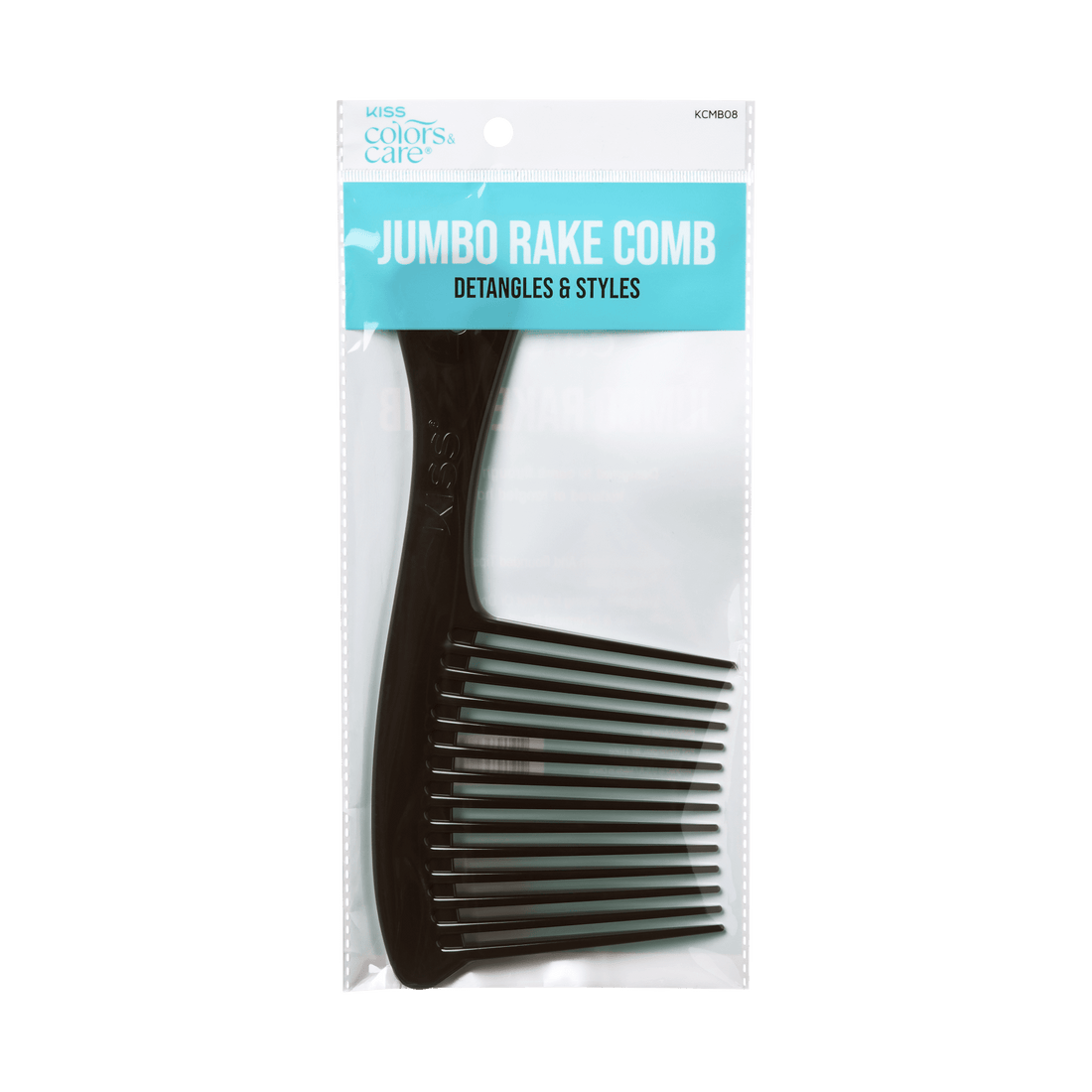 KISS Colors &amp; Care Jumbo Rake Comb in black with widely spaced teeth, packaged in clear plastic with blue label stating \