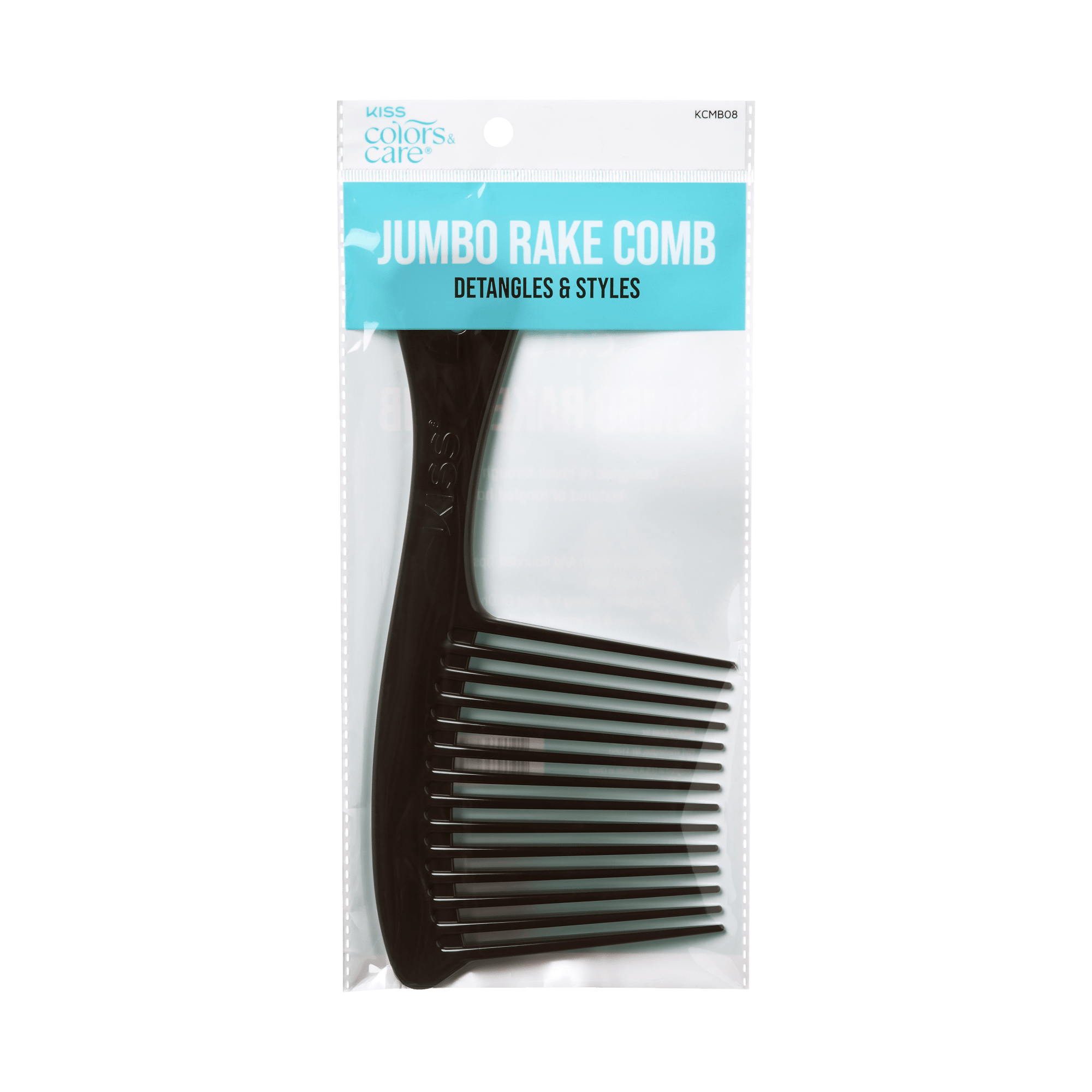 KISS Colors &amp; Care Jumbo Rake Comb in black with widely spaced teeth, packaged in clear plastic with blue label stating \