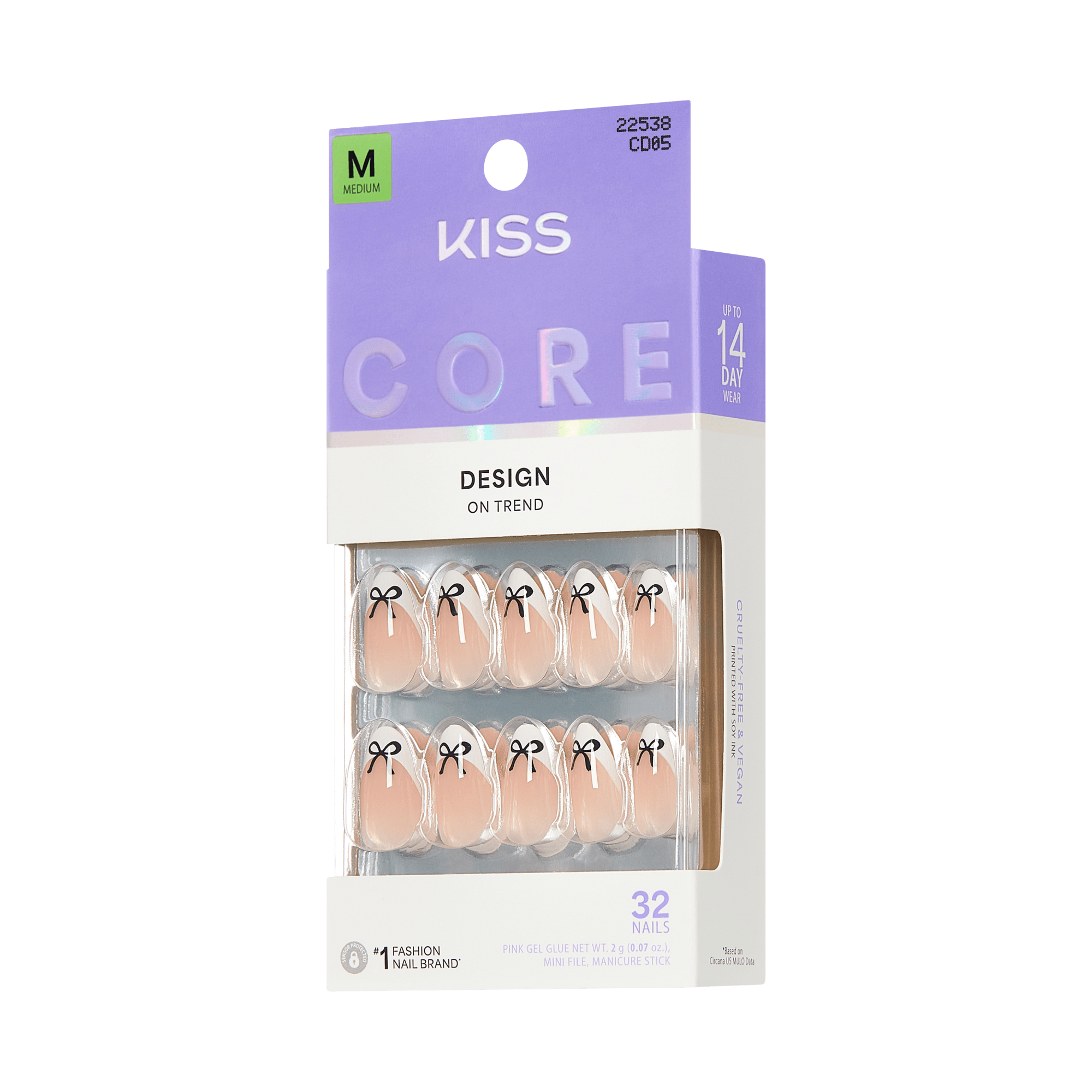 KISS Core Design nail set, medium size, 32 nails with black bow design, up to 14 day wear.