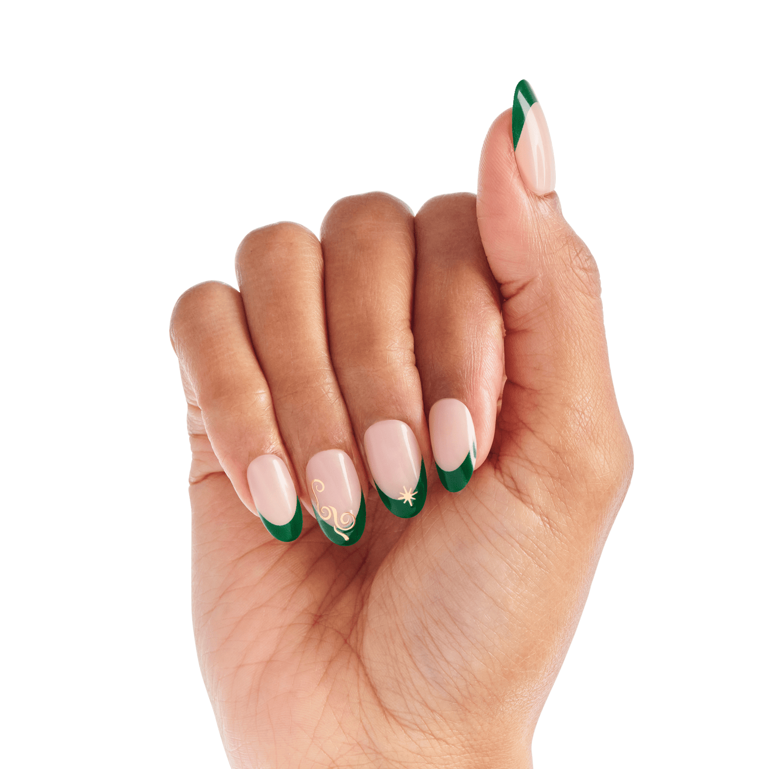 Hand displaying manicure with green and white nail tips and gold swirl accents.