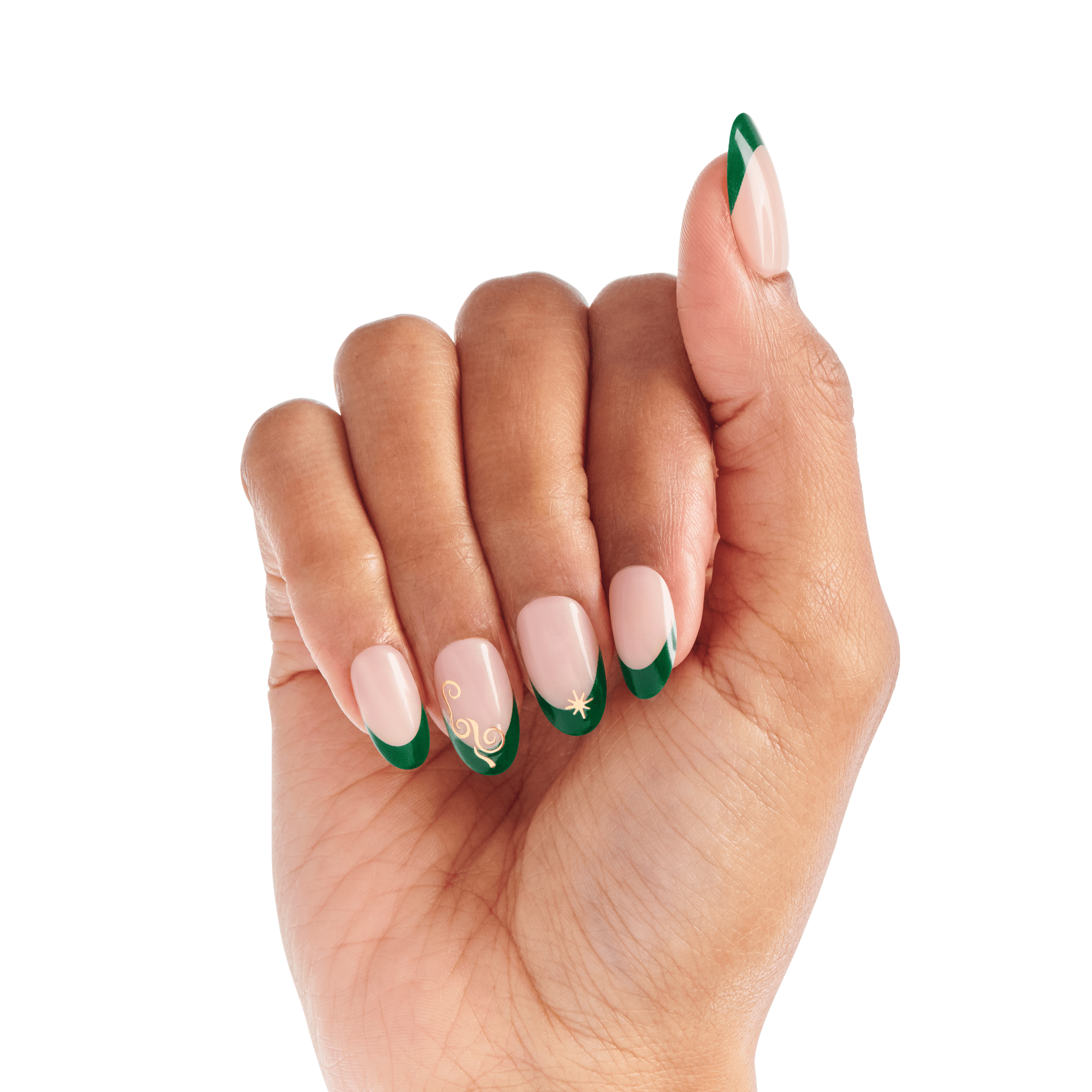 Hand displaying manicure with green and white nail tips and gold swirl accents.