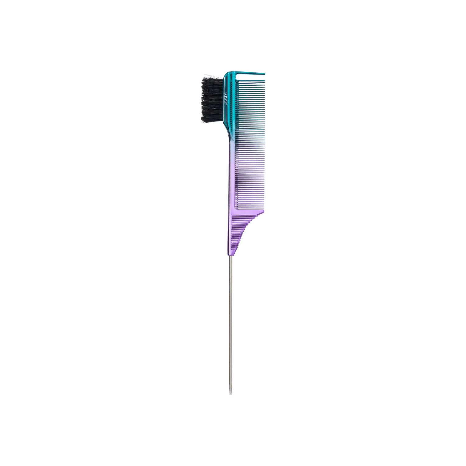 3-in-1 ombre comb and brush with chrome handle transitioning from teal to purple, featuring fine and wide teeth and a metal tail for sectioning.