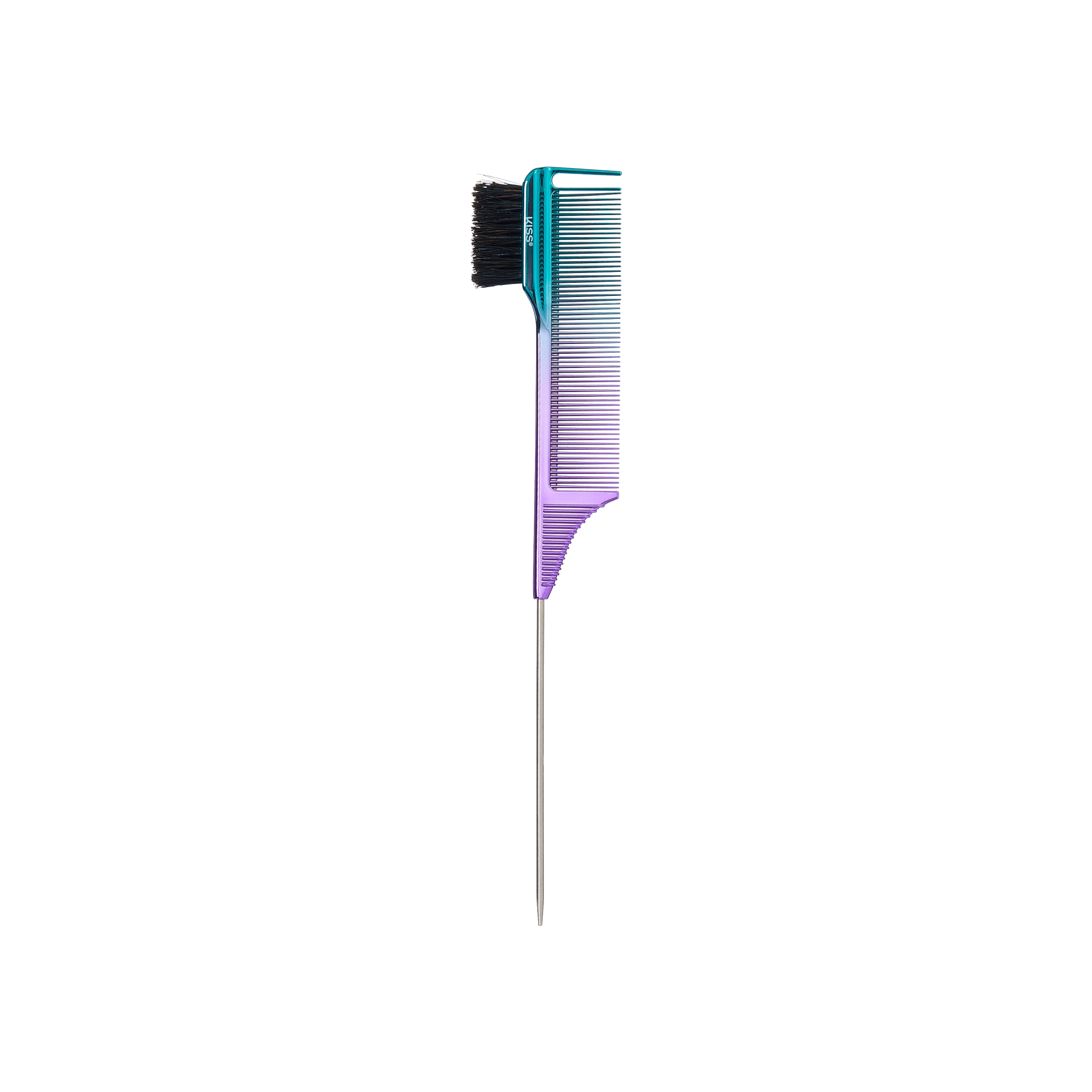 3-in-1 ombre comb and brush with chrome handle transitioning from teal to purple, featuring fine and wide teeth and a metal tail for sectioning.
