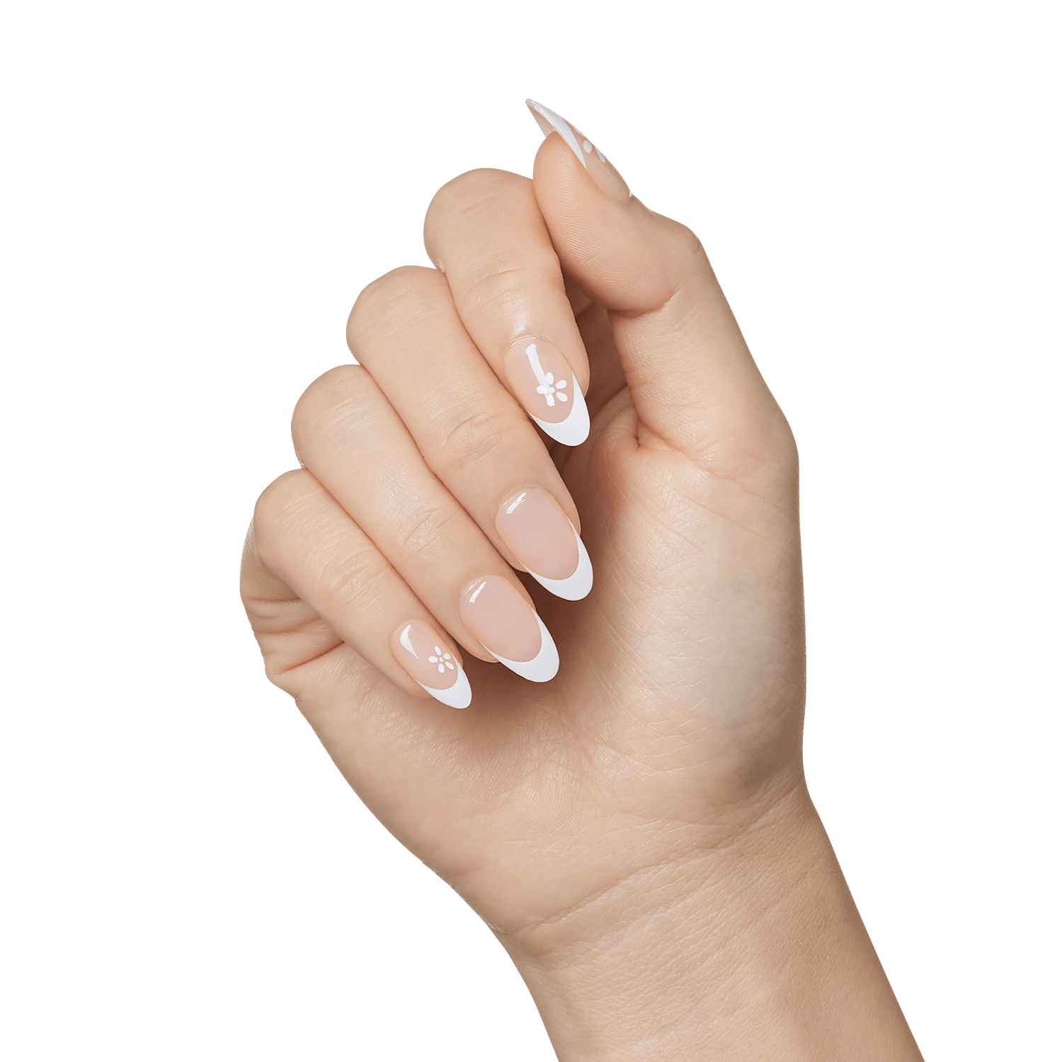 Hand with long, almond-shaped press-on nails featuring a nude base, white French tips, and small white flower designs on two nails.
