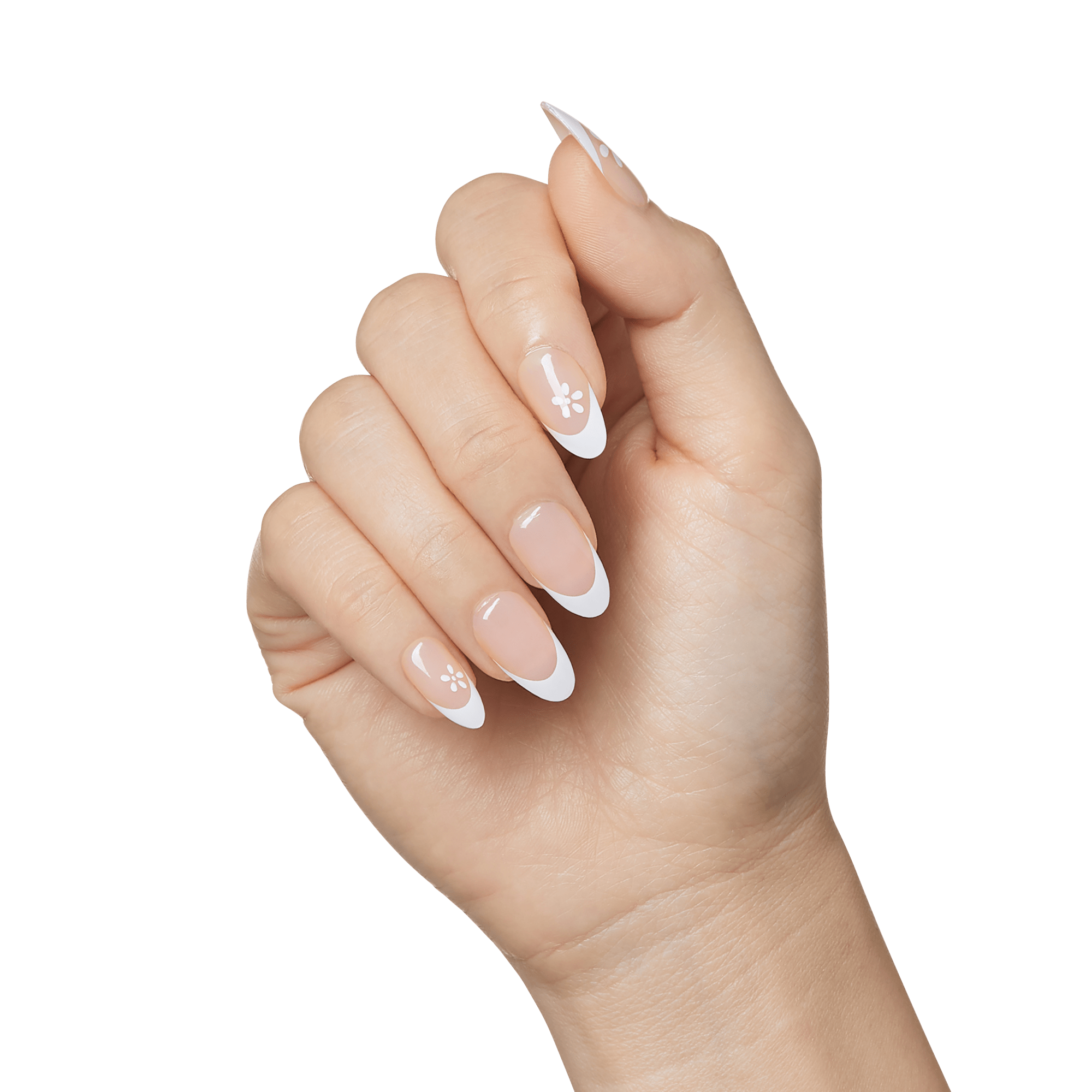 Hand with long, almond-shaped press-on nails featuring a nude base, white French tips, and small white flower designs on two nails.