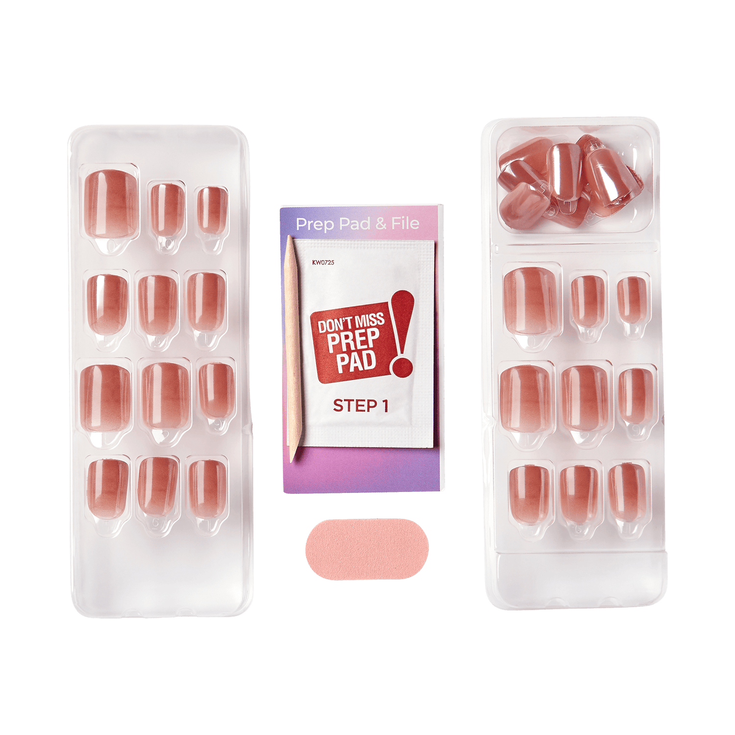 The image shows a set of artificial nails and nail preparation tools. The set includes:

1. Two trays of artificial nails in various sizes, with a pinkish-nude color.
2. A "Prep Pad &amp; File" packet labeled "Step 1," which likely contains a prep pad and a nail file.
3. A small, rectangular, pink nail file.

The items are arranged neatly, with the artificial nails on either side of the prep pad packet and the nail file placed below it.
