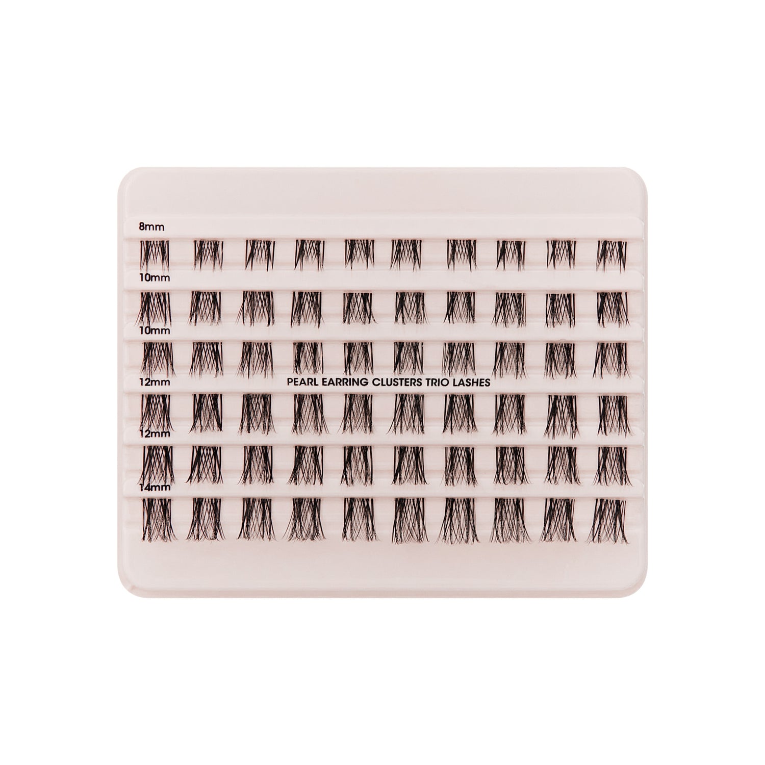The image features a tray of false eyelashes organized in clusters. The lashes are arranged in rows, with varying lengths labeled as 8mm, 10mm, 12mm, and 14mm. Each cluster appears to be designed for easy application, likely intended for enhancing the volume and length of natural eyelashes. The overall presentation is neat and organized, showcasing the different sizes available for use.