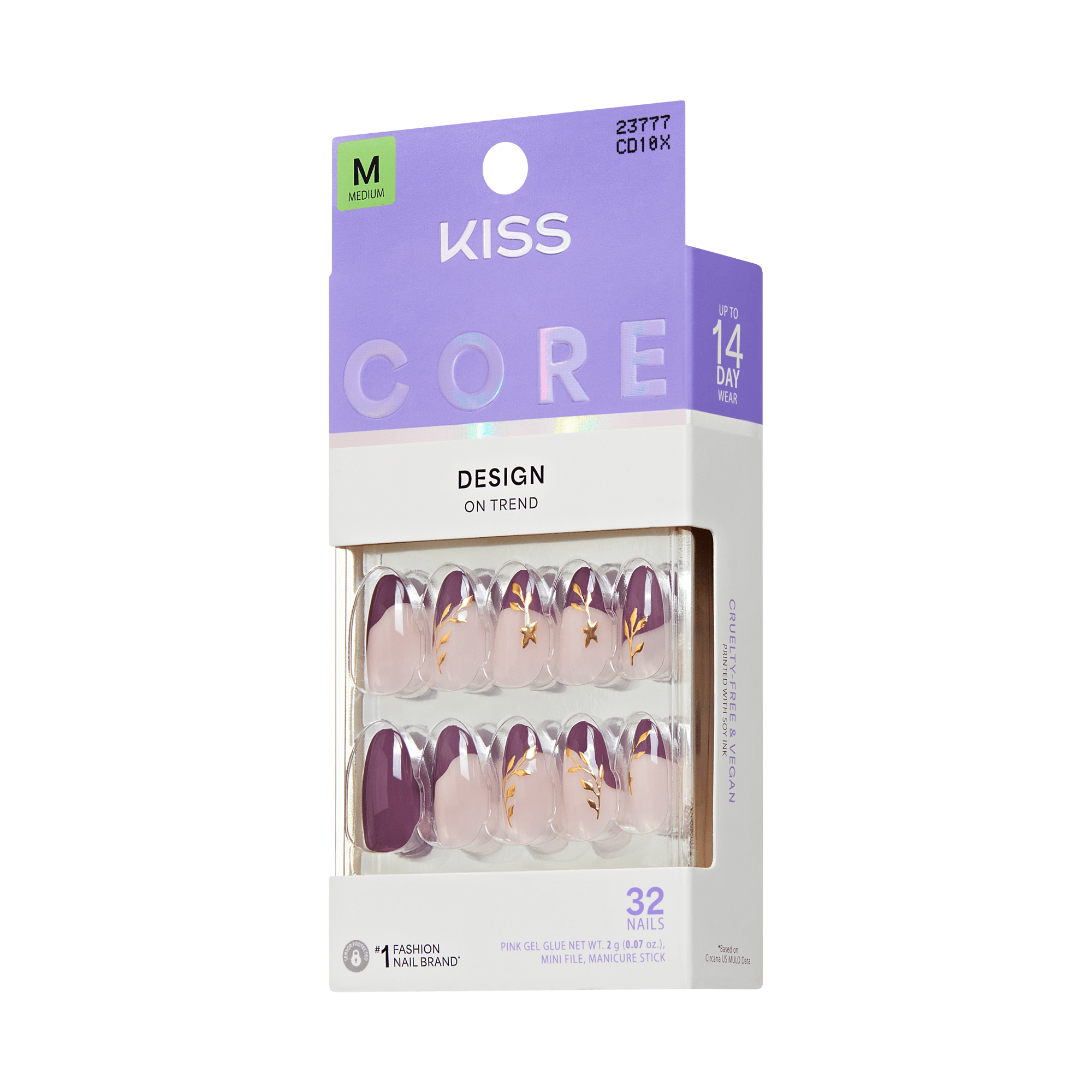 Kiss Core Design Press On Fake Glue Nails - Soft Glow | French Design, Purple, Medium, Almond