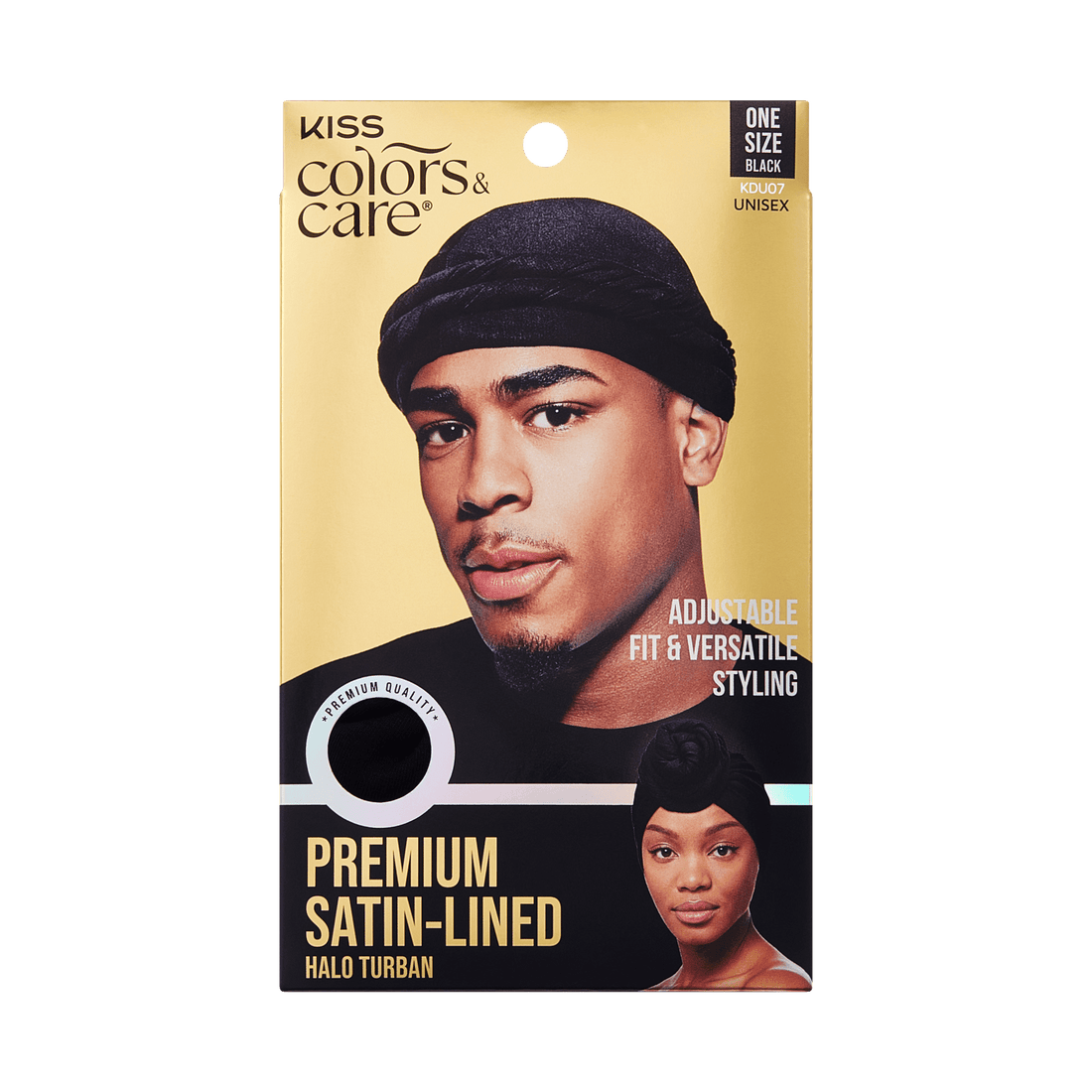 Packaging for KISS Colors &amp; Care Premium Satin-Lined Halo Turban in black shows a man and woman wearing the turban, labeled “Adjustable fit &amp; versatile styling” and “One size black unisex.”