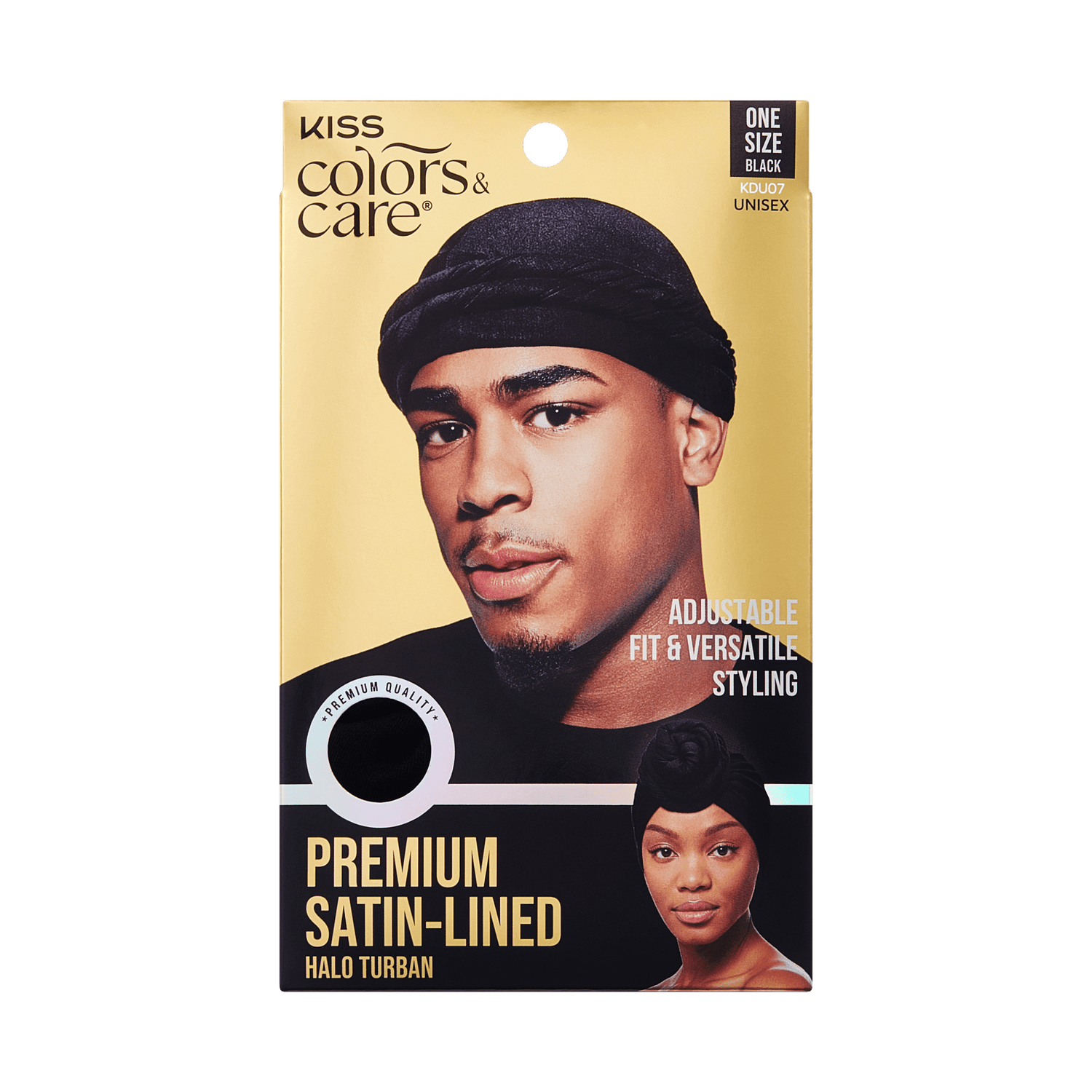 Packaging for KISS Colors &amp; Care Premium Satin-Lined Halo Turban in black shows a man and woman wearing the turban, labeled “Adjustable fit &amp; versatile styling” and “One size black unisex.”