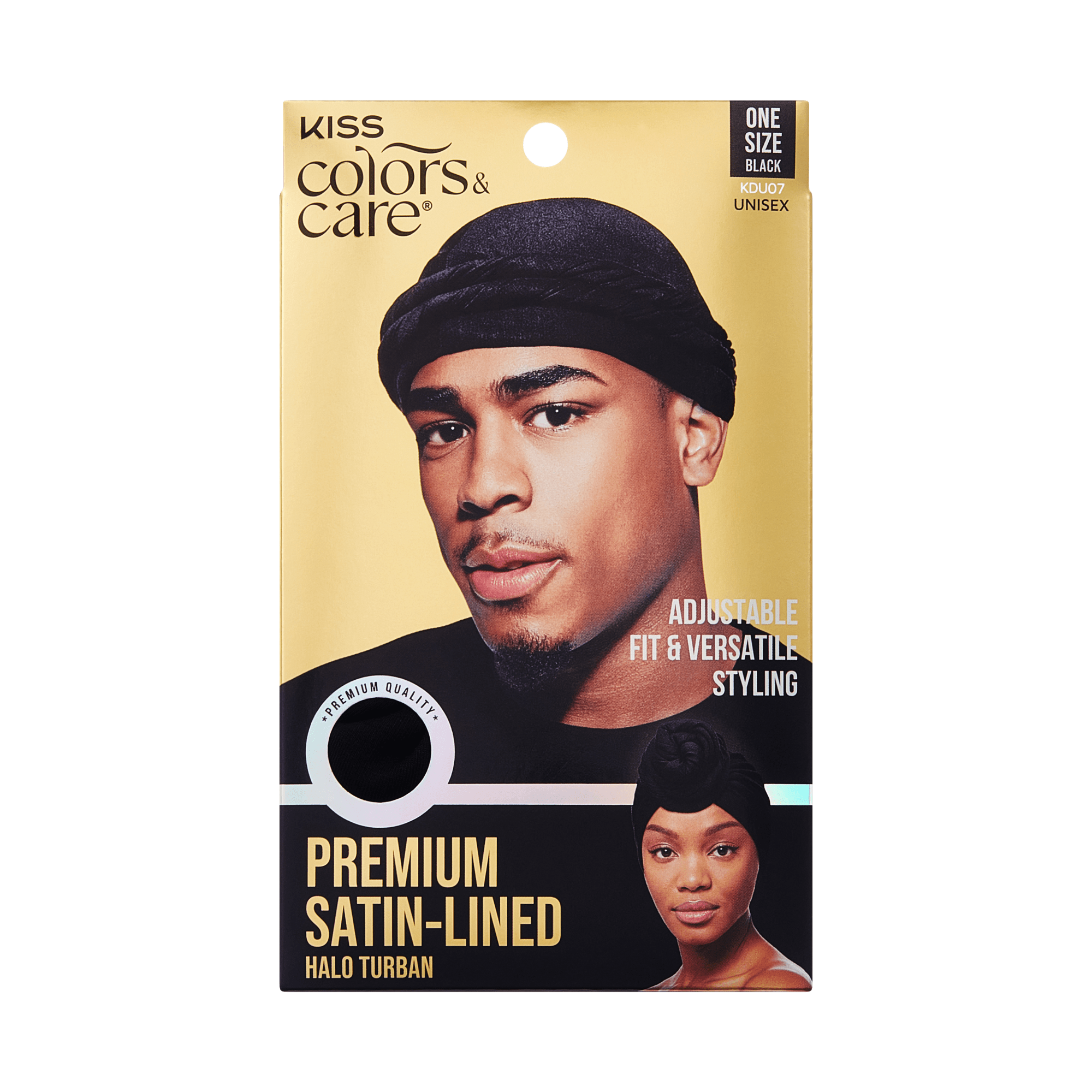 Packaging for KISS Colors &amp; Care Premium Satin-Lined Halo Turban in black shows a man and woman wearing the turban, labeled “Adjustable fit &amp; versatile styling” and “One size black unisex.”