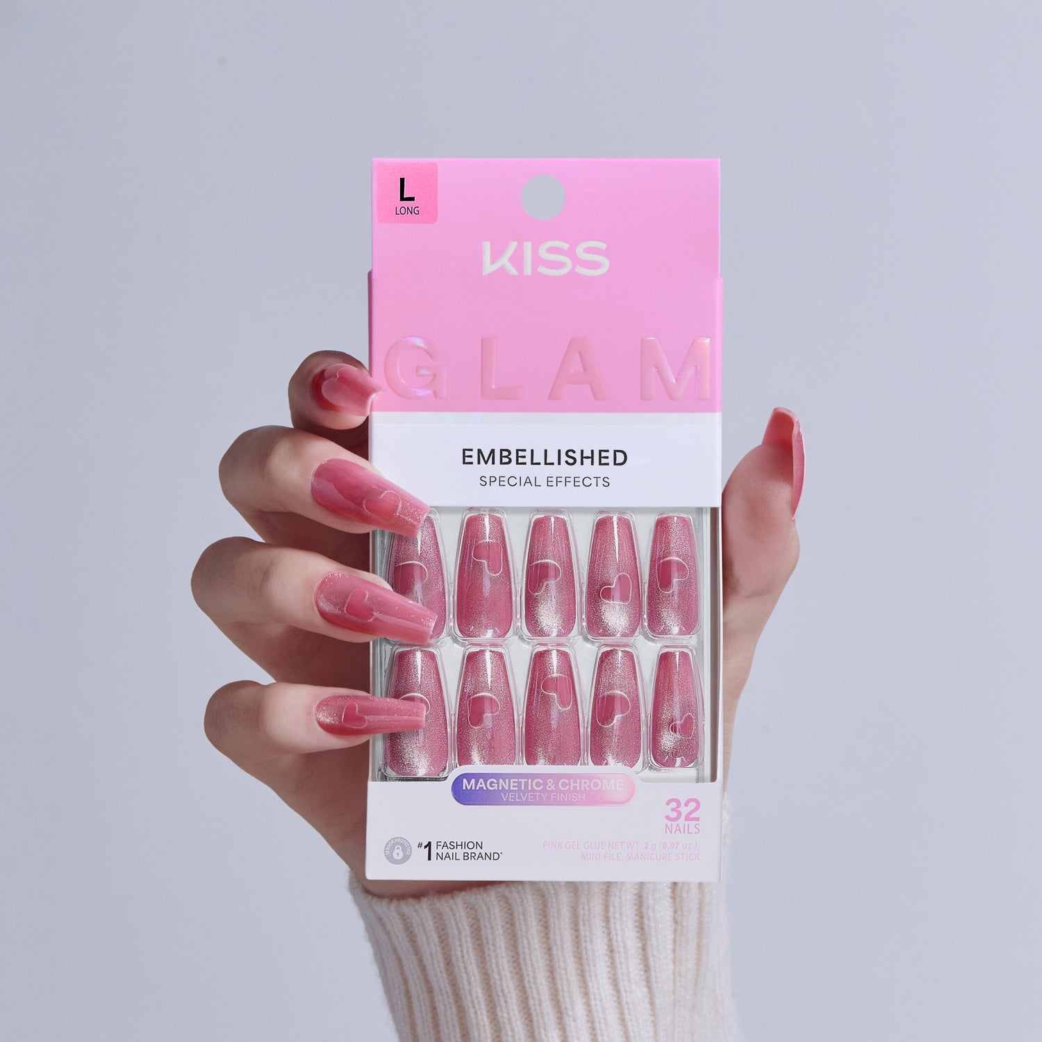 KISS Glam Embellished press-on nails in pink with magnetic chrome finish, 32 pack.