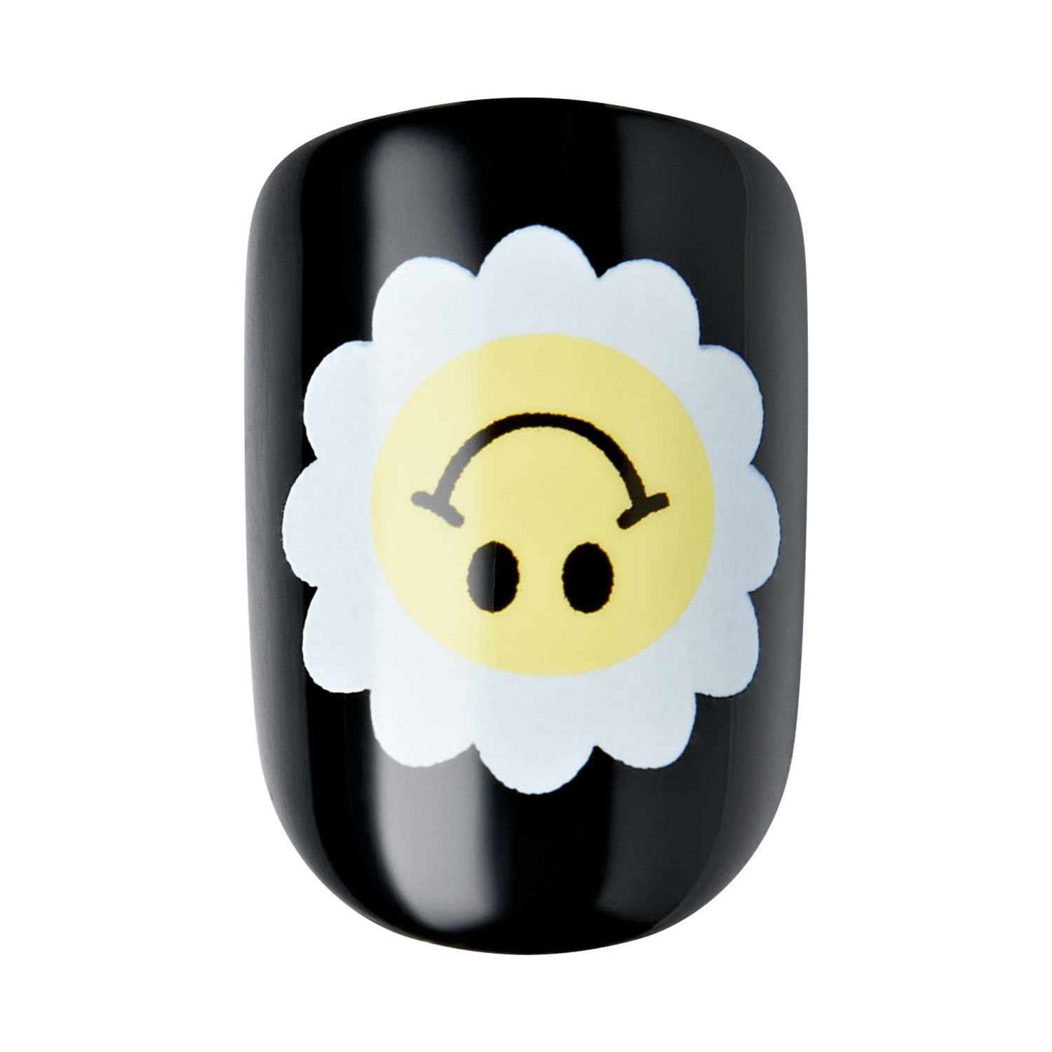 The image shows a black artificial nail with a design featuring a white flower with a yellow center. Inside the yellow center, there is a simple, stylized face with two black dots for eyes and a curved line for a mouth, resembling a smiley face. The overall design is minimalistic and playful.