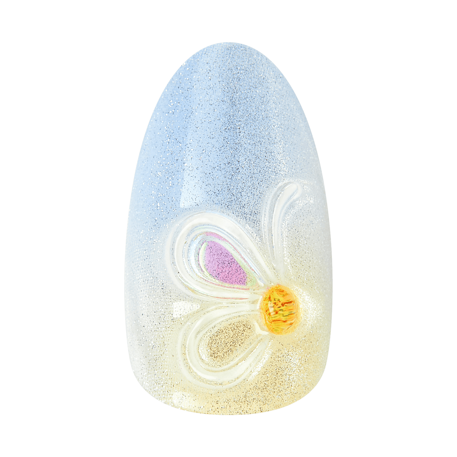 Glittery egg-shaped object with painted flower design in pink, yellow, and white.
