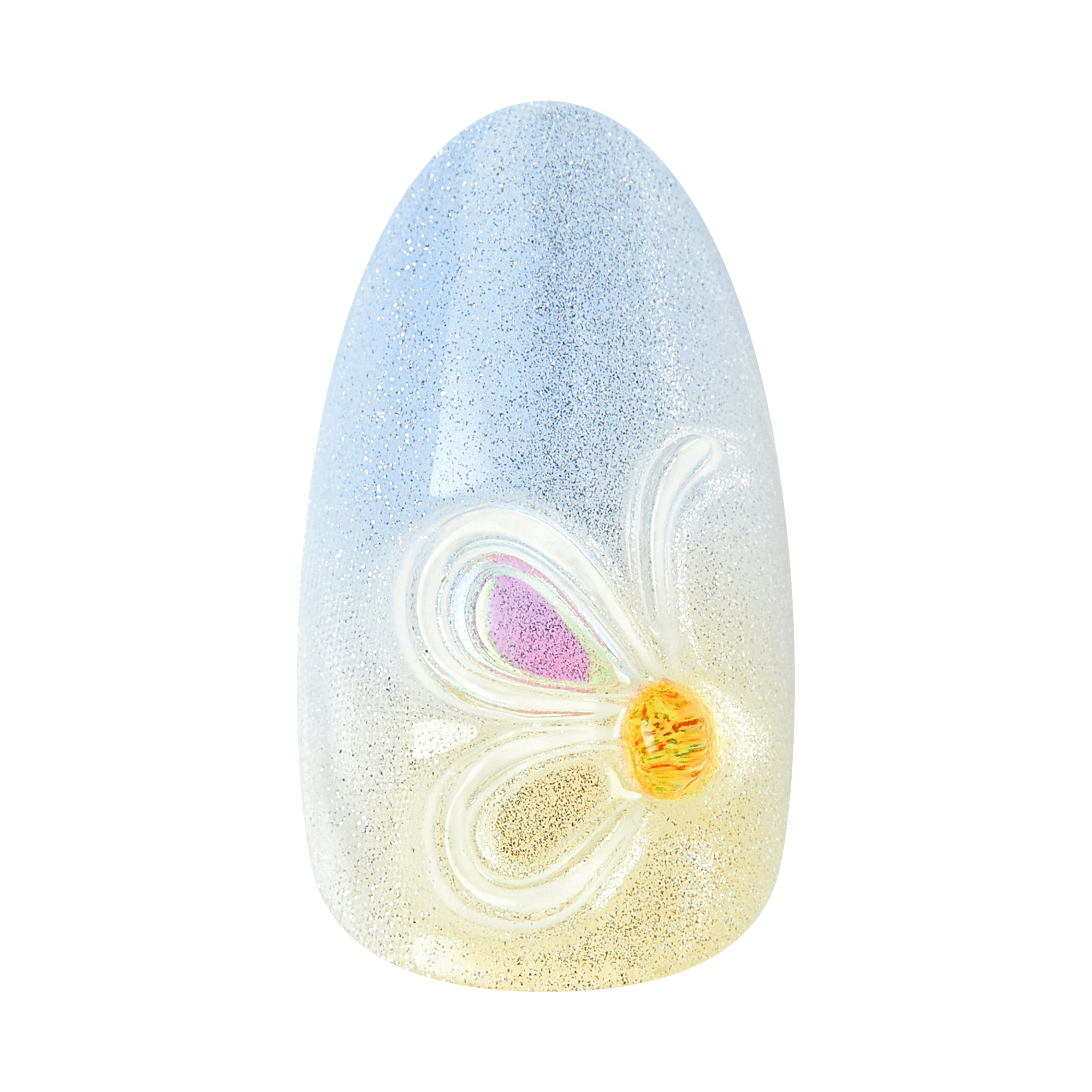 Glittery egg-shaped object with painted flower design in pink, yellow, and white.