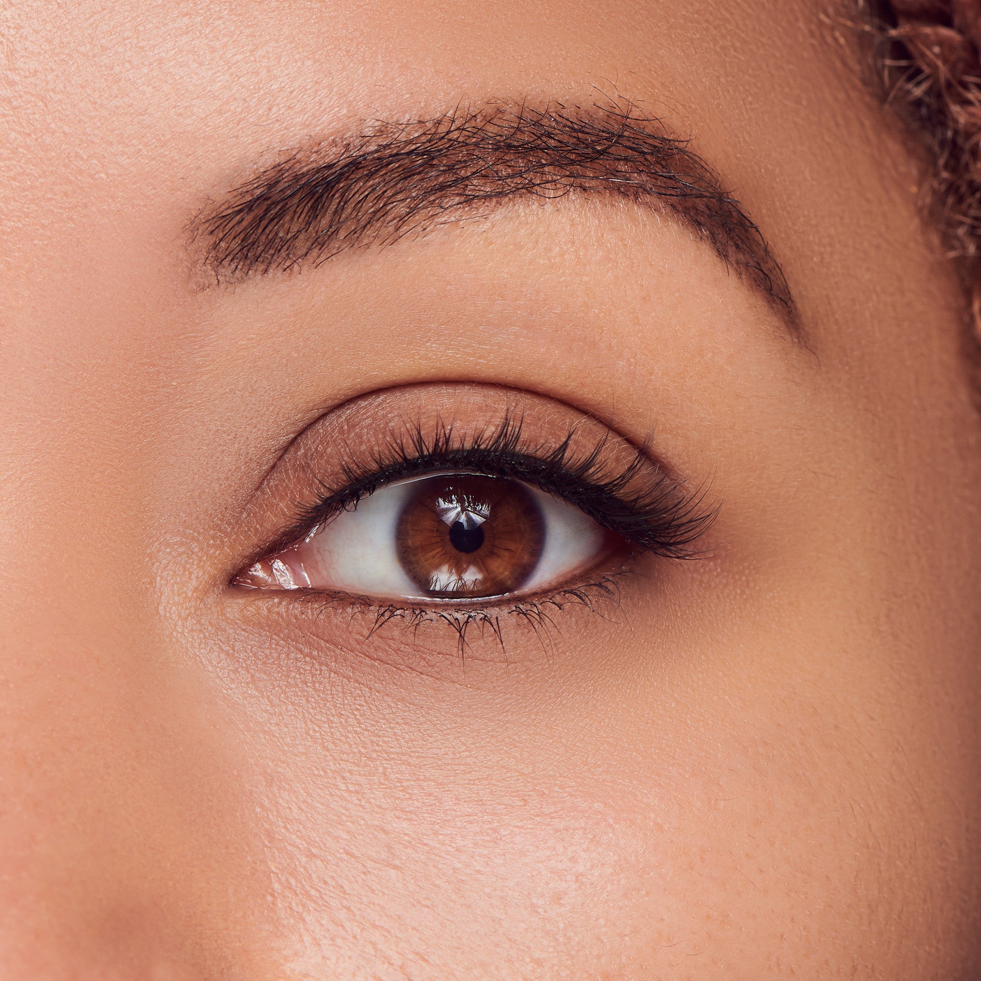 The image features a close-up of a human eye with a rich brown iris. The eye is framed by well-groomed eyebrows and has long, dark eyelashes. The skin around the eye appears smooth and even-toned, highlighting the eye&