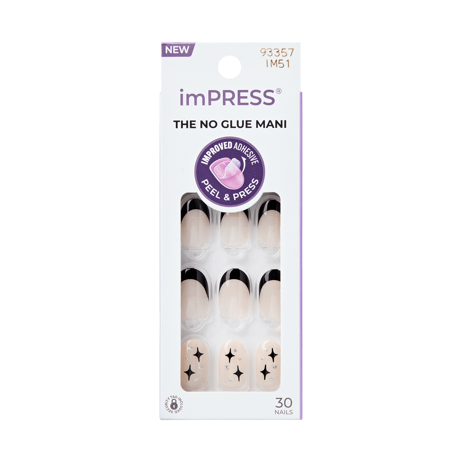 Package of imPRESS press-on nails featuring 30 nails with a beige base, black French tips, and beige nails with black starburst and rhinestone accents. Text includes \