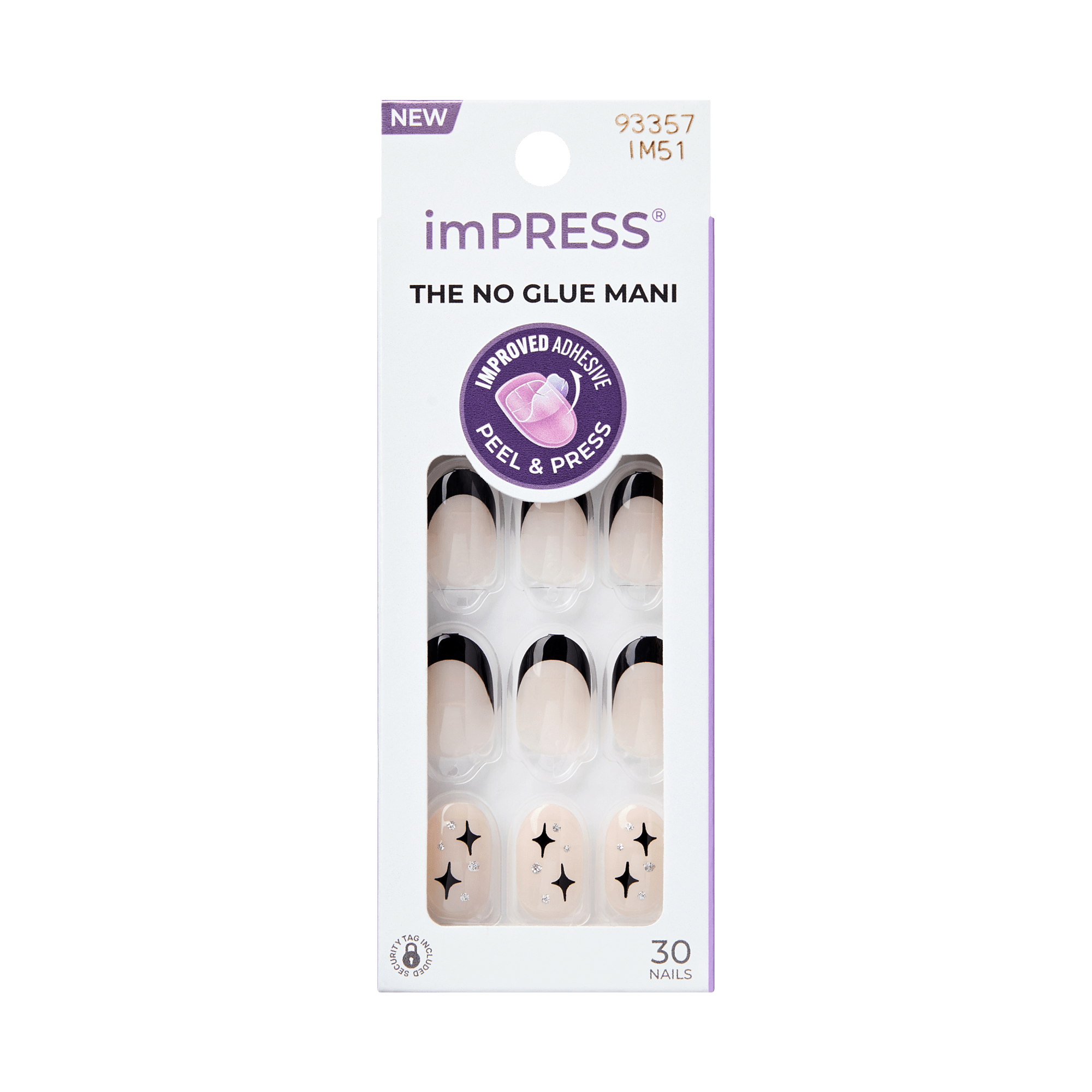 Package of imPRESS press-on nails featuring 30 nails with a beige base, black French tips, and beige nails with black starburst and rhinestone accents. Text includes \