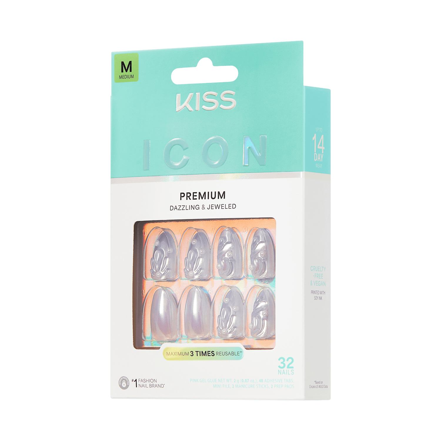 KISS ICON Premium Press-On Nails, Medium, Dazzling &amp; Jeweled, 32 Nails