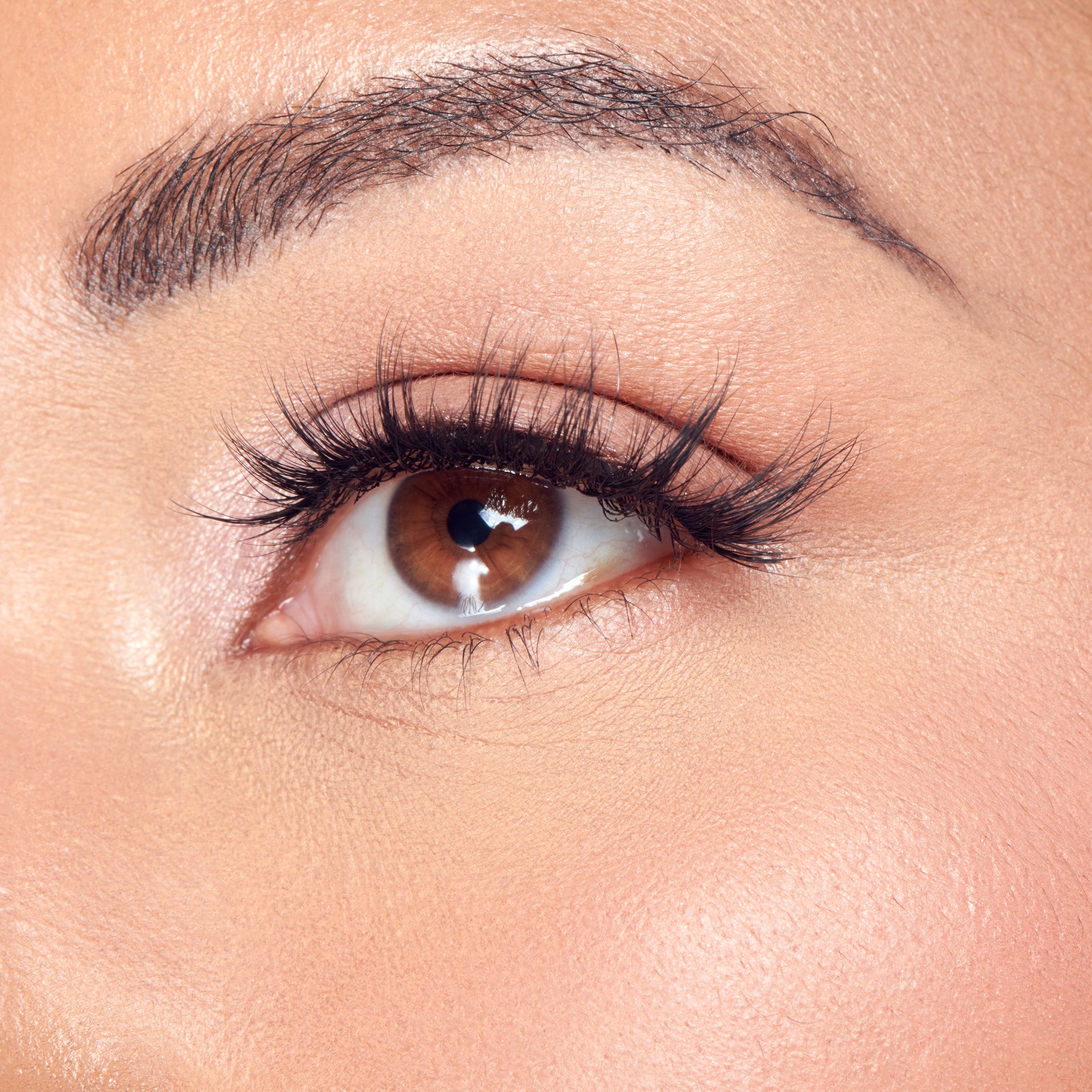Close-up of brown eye with black eyeliner, eyeshadow, and full lashes.