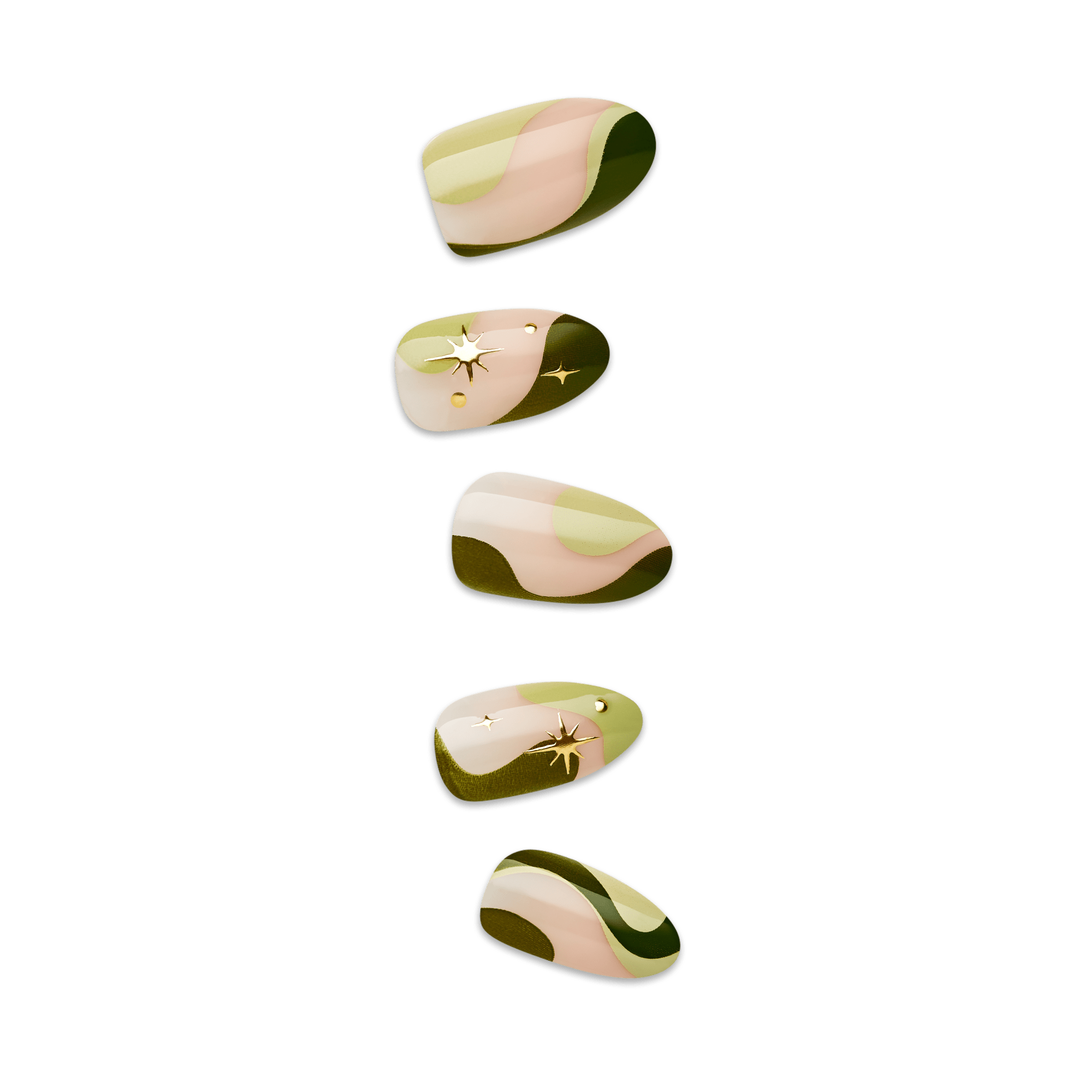 Set of five press-on nails with abstract green, beige, and gold wavy patterns, some accented with small gold star and dot embellishments.
