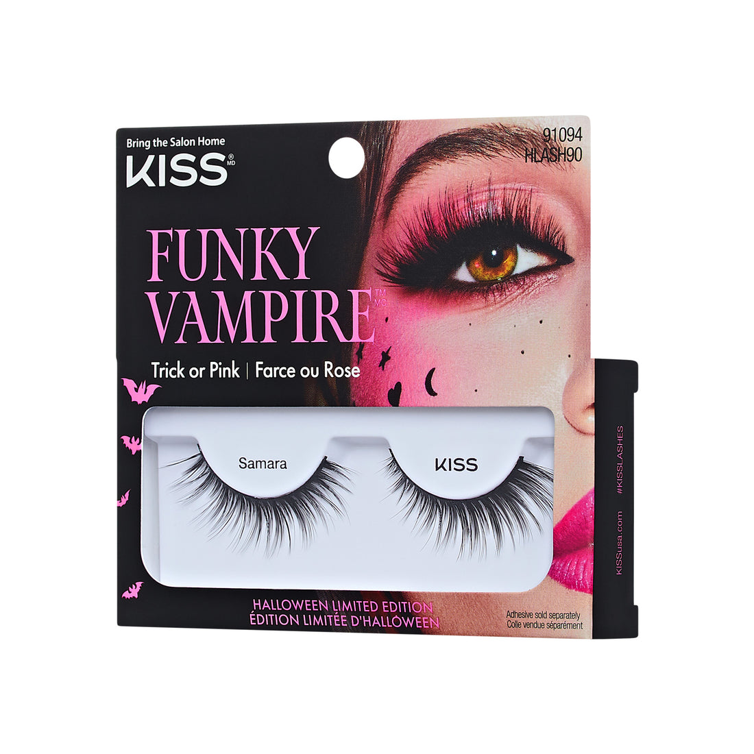 KISS Funky Vampire Halloween false eyelashes in Trick or Pink shade with dramatic black lashes.