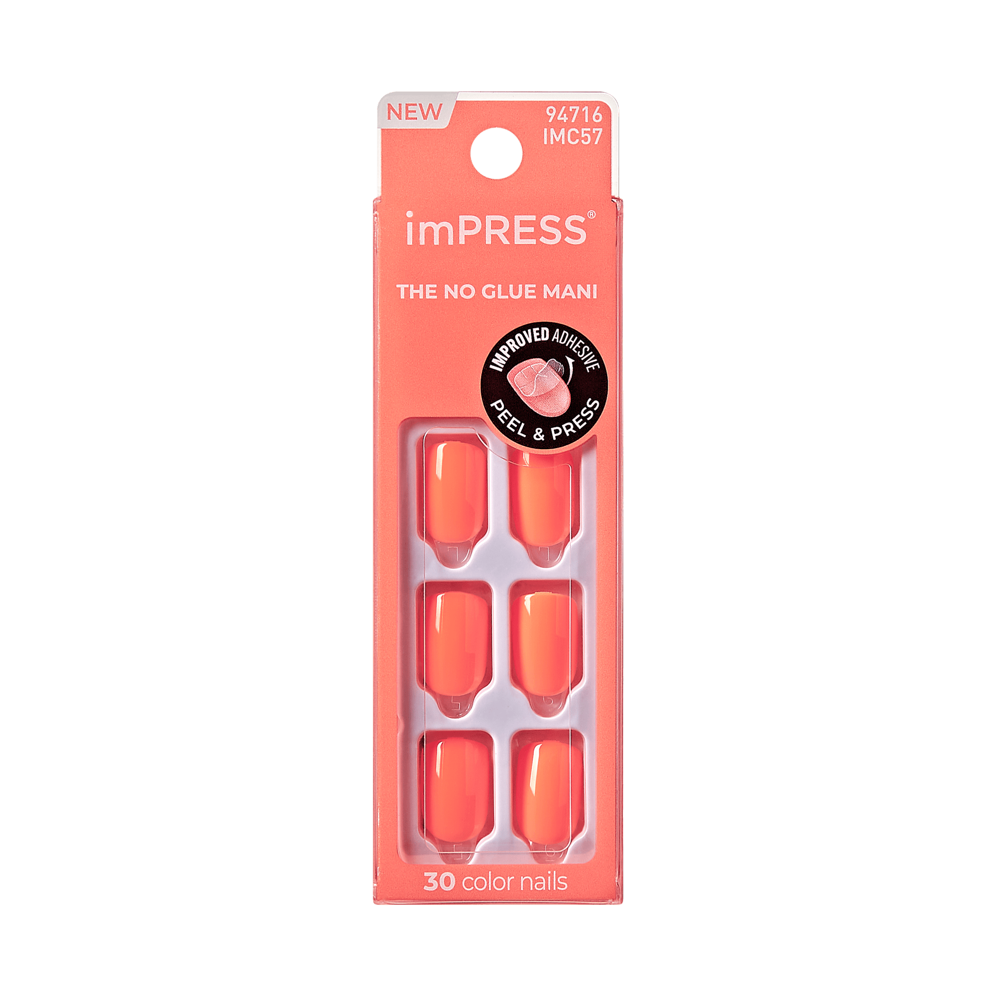The image features a packaging for imPRESS press-on nails. The design is bright and eye-catching, predominantly in shades of coral and orange. The packaging is labeled "NEW" and highlights the product as "THE NO GLUE MAN!" with a circular badge indicating "IMPROVED ADHESIVE." The package contains six individual press-on nails, showcasing a gradient color effect. The overall aesthetic is modern and appealing, aimed at consumers looking for easy-to-apply nail solutions.