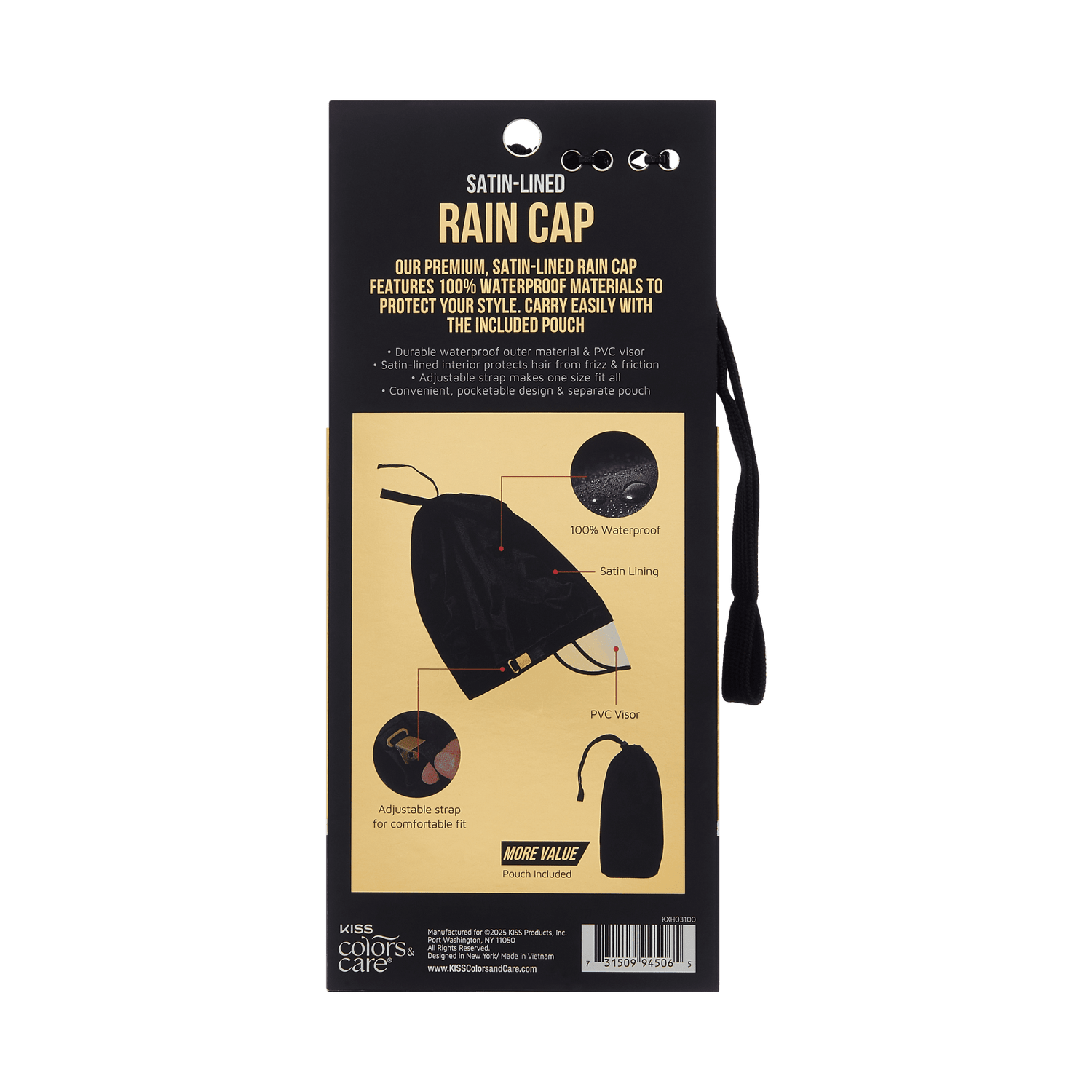Black packaging of KISS Colors &amp; Care Satin-Lined Rain Cap with product features including 100% waterproof, satin lining, adjustable strap, PVC visor, and included pouch.