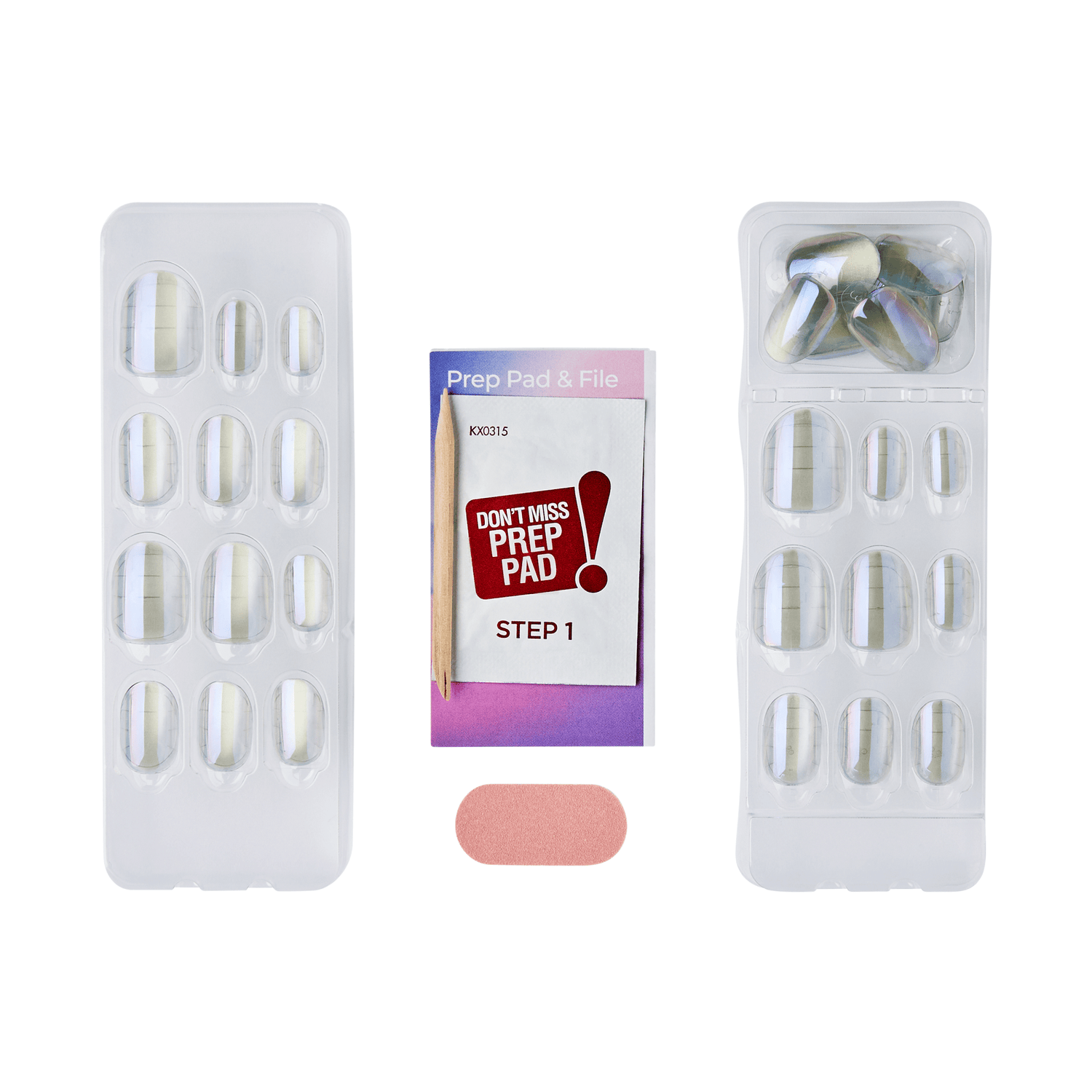 The image features a nail care kit. It includes two transparent plastic cases containing artificial nails in various sizes. In the center, there is a small package labeled "Prep Pad &amp; File," which contains a prep pad and a wooden stick. Additionally, there is a small pink nail file visible at the bottom of the image. The overall arrangement suggests a complete set for applying artificial nails.