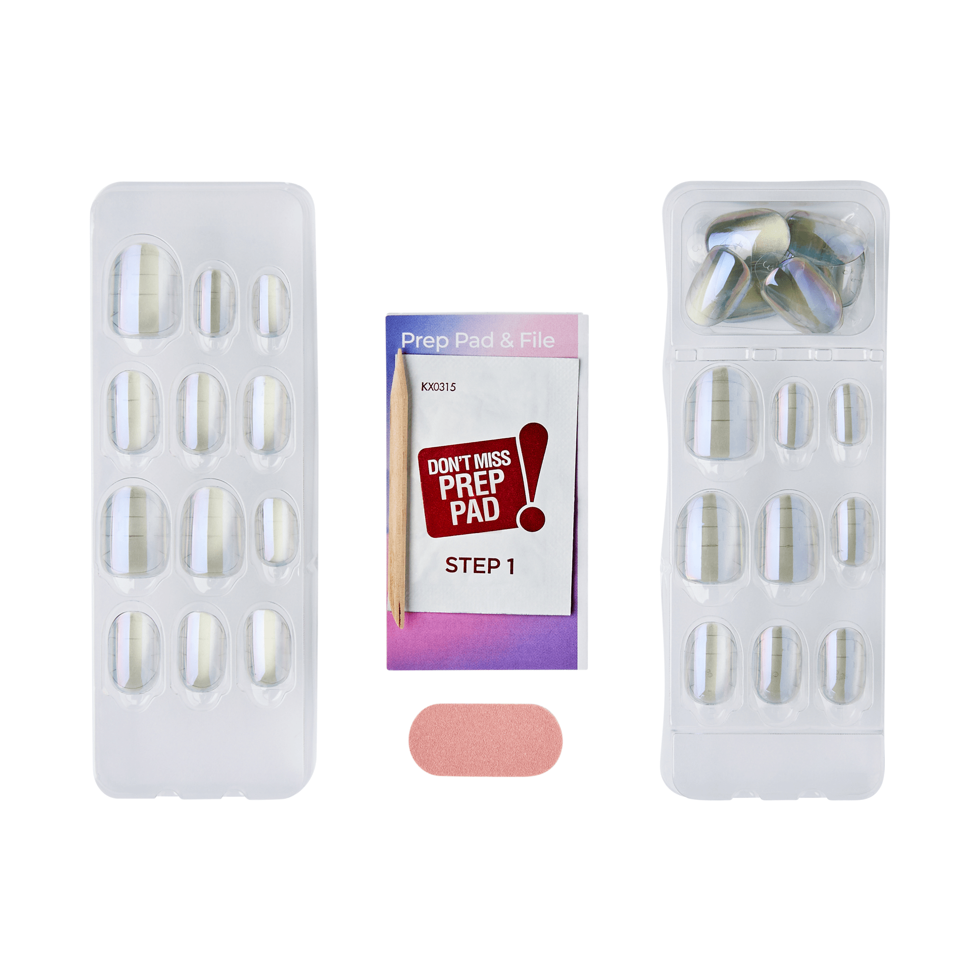 The image features a nail care kit. It includes two transparent plastic cases containing artificial nails in various sizes. In the center, there is a small package labeled "Prep Pad &amp; File," which contains a prep pad and a wooden stick. Additionally, there is a small pink nail file visible at the bottom of the image. The overall arrangement suggests a complete set for applying artificial nails.