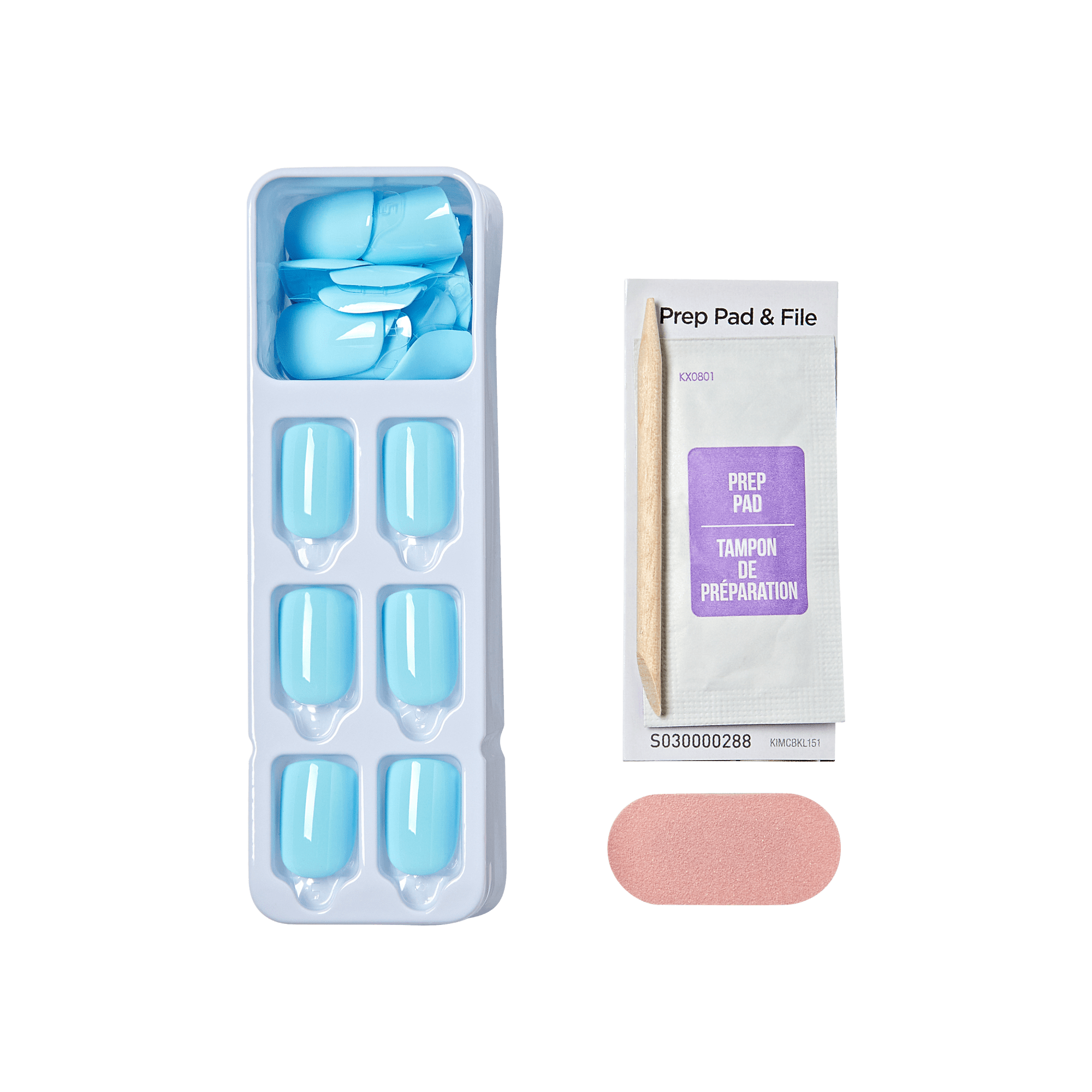The image features a blister pack containing several light blue capsules arranged in a grid pattern. Next to the blister pack is a small, sealed packet labeled "Prep Pad &amp; File." The packet is predominantly white with a purple label that reads "Prep Pad" in bold letters. Additionally, there is a small, pink oval-shaped adhesive bandage placed beside the packet. The overall composition suggests a focus on health or medical supplies.