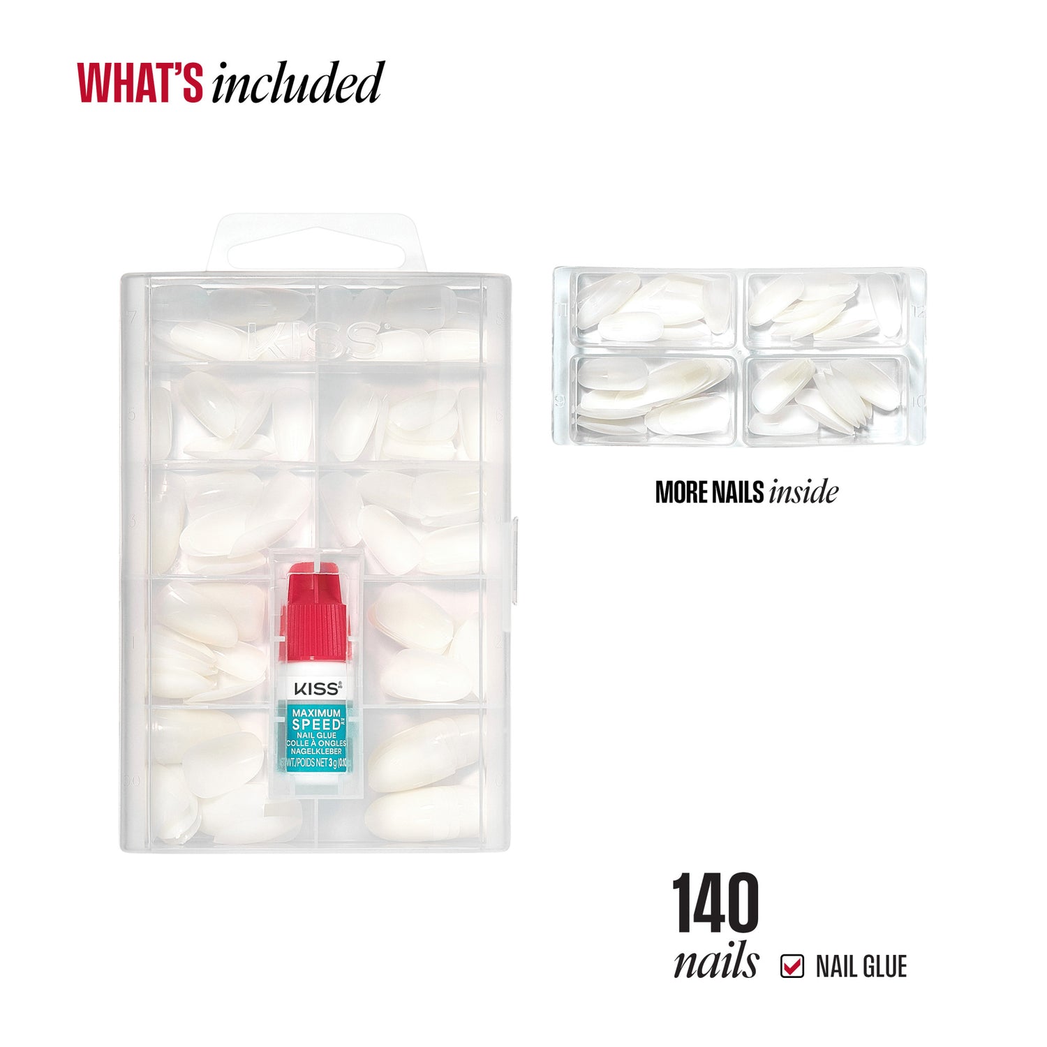 KISS Maximum Speed Nails kit with 140 nails, nail glue, and storage organizer.