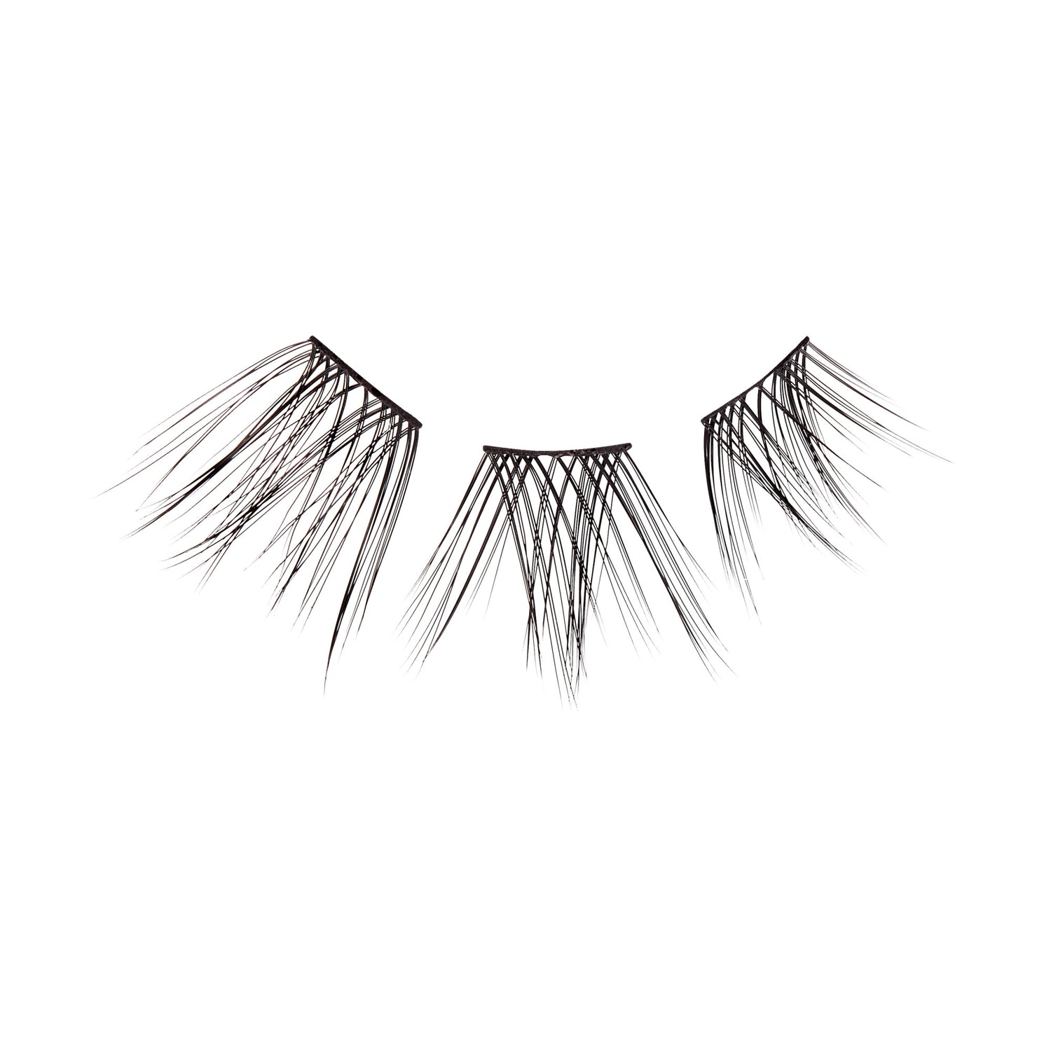 Three sets of natural-looking, thin black false eyelash wisps arranged in a row on a white background, designed for subtle eye enhancement.