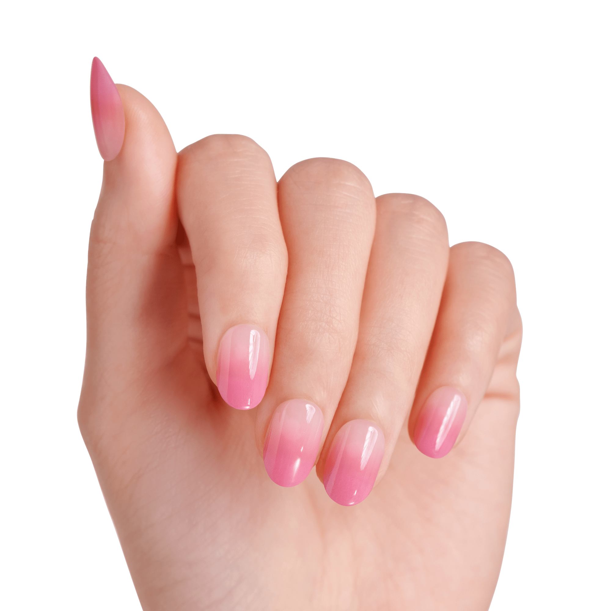 Hand displaying press-on nails with an ombre design transitioning from light pink at the cuticles to darker pink at the tips, in an almond shape.