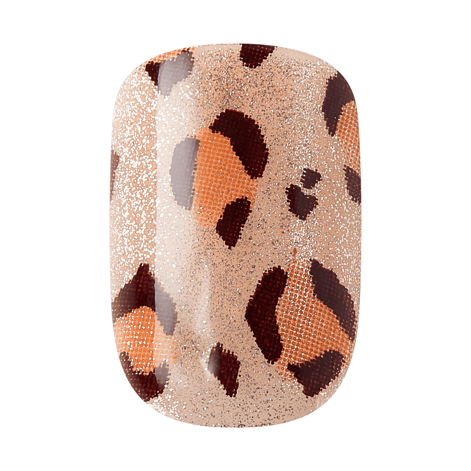 The image features a nail design that showcases a leopard print pattern. The base color is a soft beige, adorned with spots in shades of brown and orange. The design has a glossy finish, giving it a polished look, and the spots are textured, adding depth to the overall appearance. This stylish nail art combines a wild aesthetic with a touch of elegance.