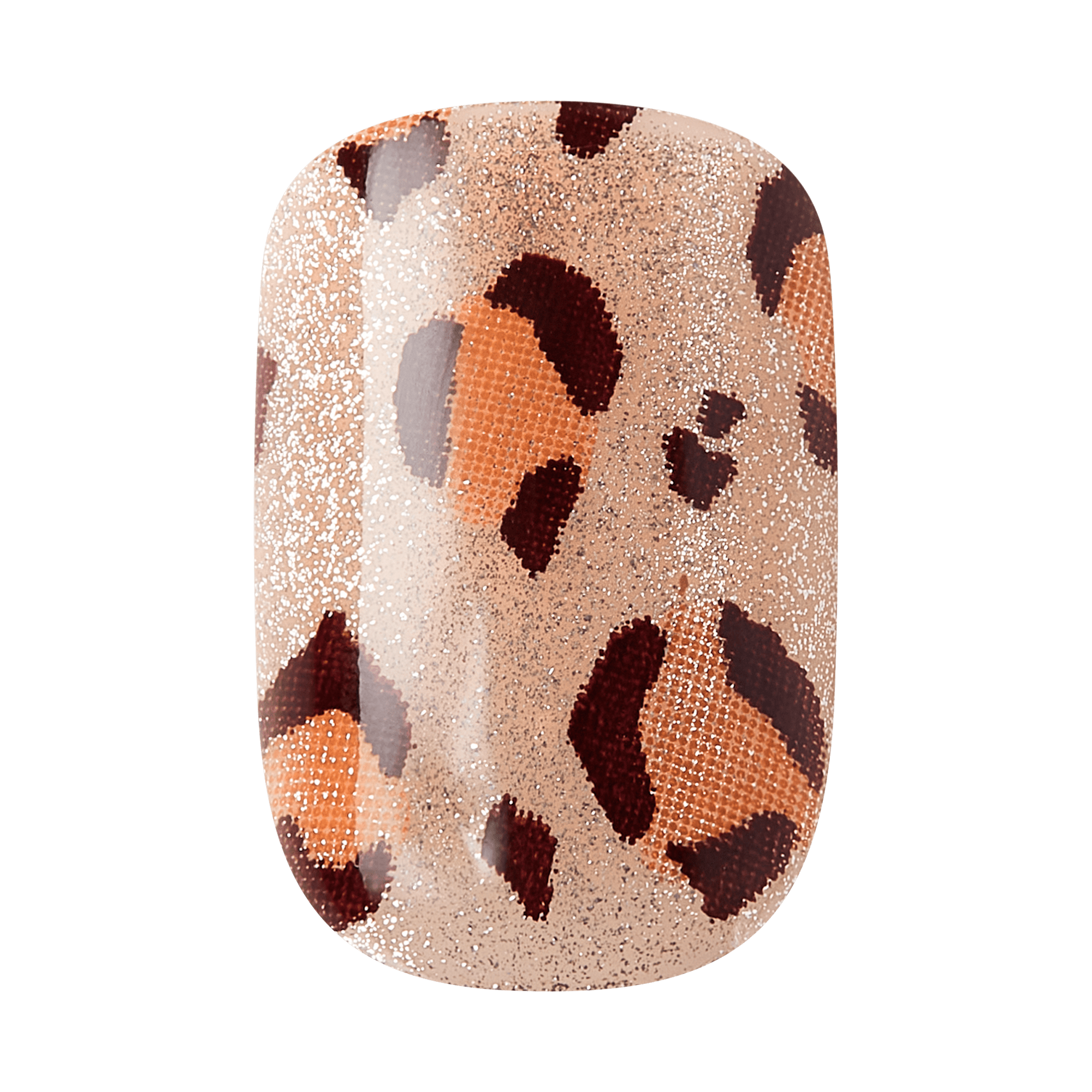 The image features a nail design that showcases a leopard print pattern. The base color is a soft beige, adorned with spots in shades of brown and orange. The design has a glossy finish, giving it a polished look, and the spots are textured, adding depth to the overall appearance. This stylish nail art combines a wild aesthetic with a touch of elegance.