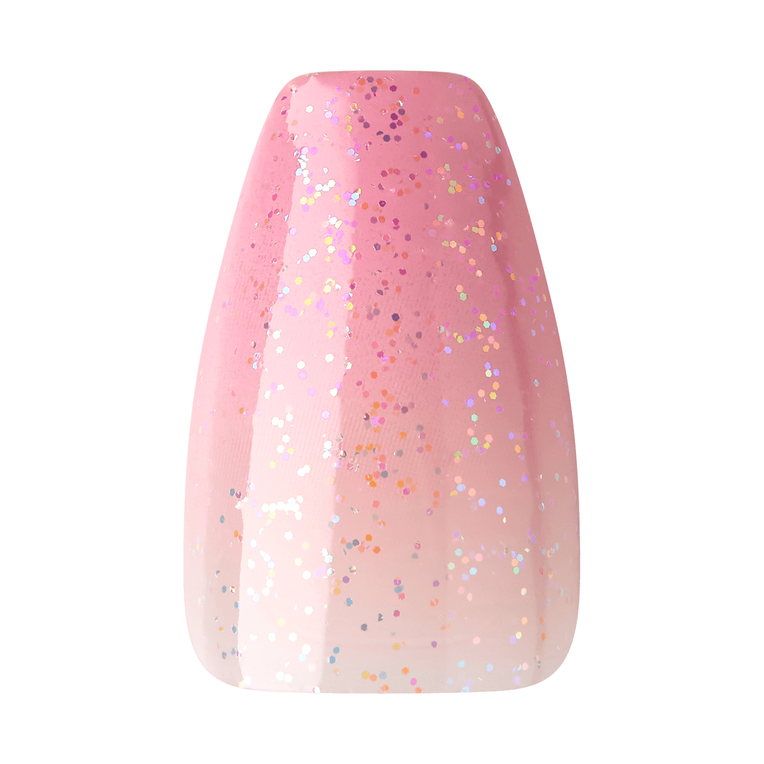 The image shows a single artificial nail with a gradient design. The nail transitions from a light pink at the base to a darker pink towards the tip. It is adorned with fine, multicolored glitter that is evenly distributed across the entire surface, giving it a sparkly and festive appearance. The shape of the nail is slightly tapered, with a rounded tip.