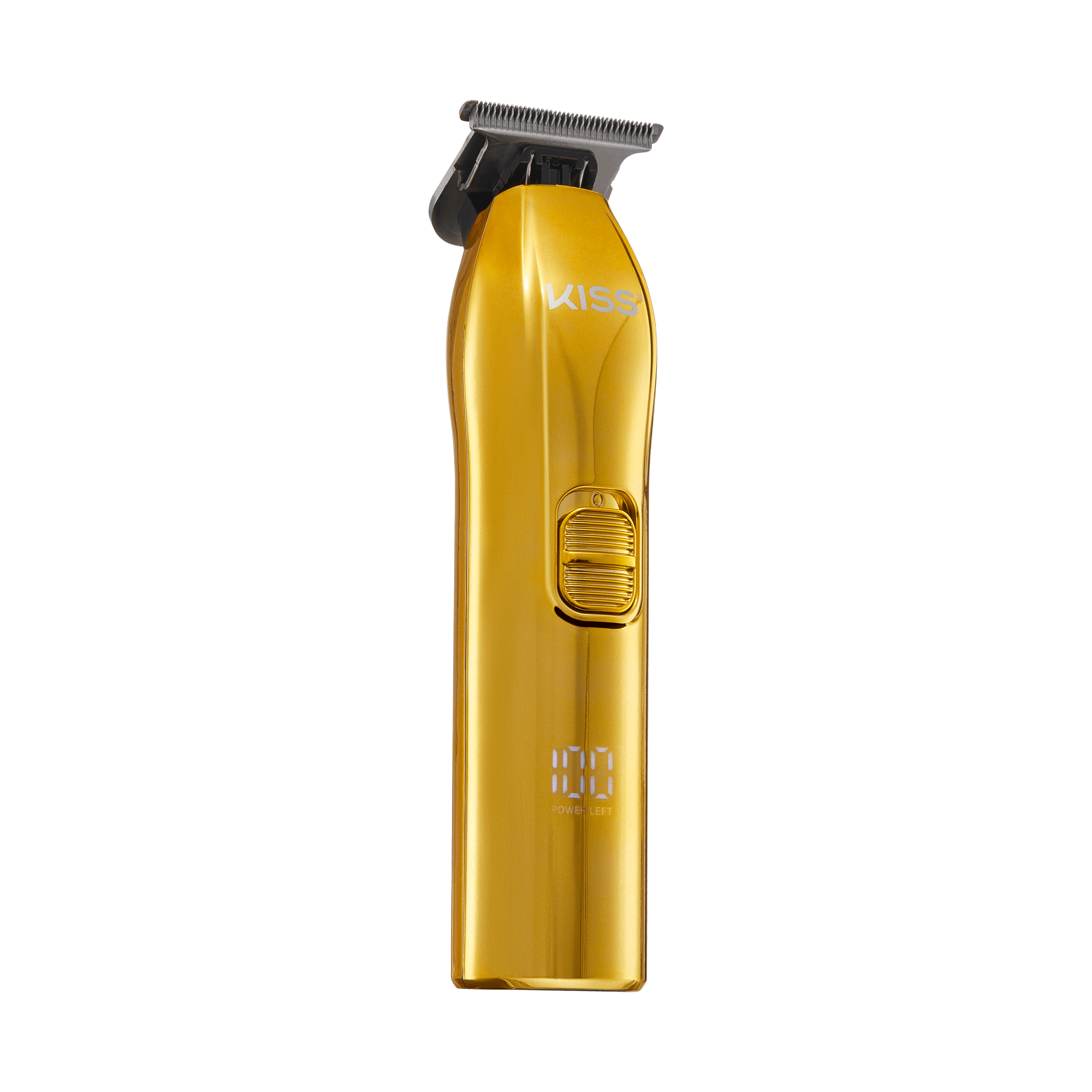The image shows a gold-colored electric hair trimmer. The trimmer has a sleek, shiny finish and features a power switch in the middle of its body. The brand name "KISS" is printed near the top of the trimmer. The cutting head is positioned at the top, and the trimmer appears to be cordless. The overall design is modern and stylish.