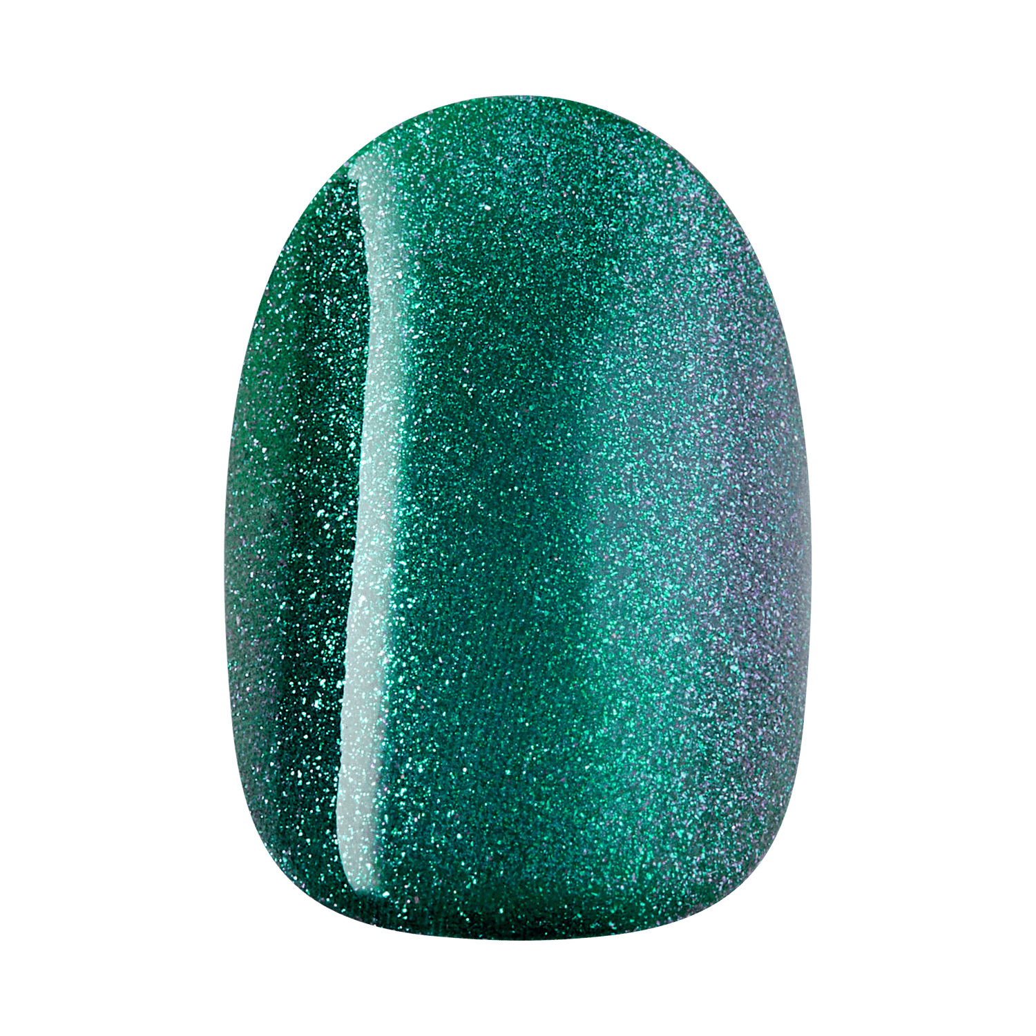 The image features a nail polish swatch showcasing a vibrant green color with a shimmering, holographic finish. The polish has a smooth, glossy surface that reflects light, creating a sparkling effect. The gradient of shades ranges from deep emerald to lighter green, enhancing its depth and visual appeal. The overall look is striking and eye-catching, perfect for a bold manicure.