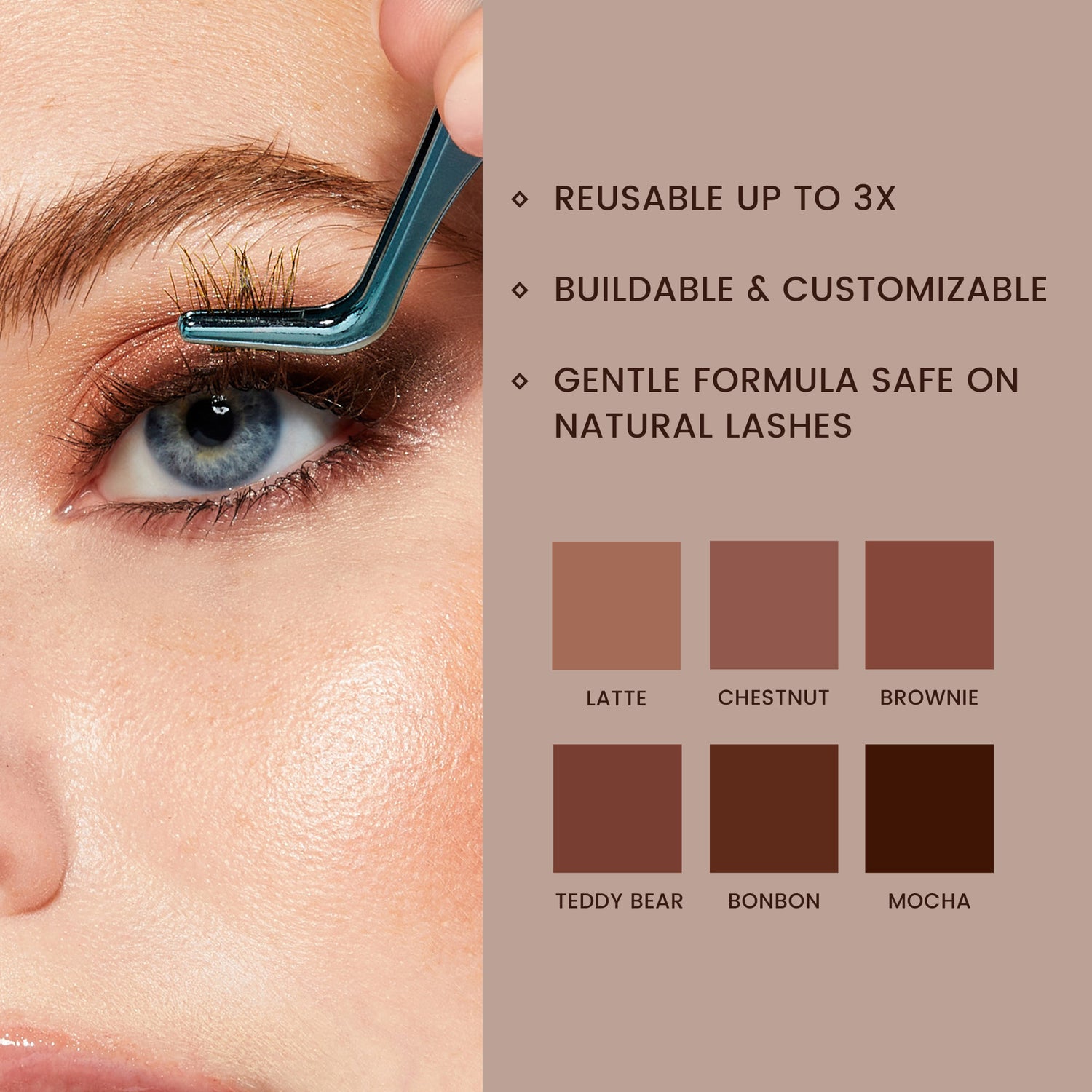 Close-up of a blue eye with mocha-colored lash wisps applied using tweezers, alongside text highlighting lashes are reusable up to 3 times, customizable, and safe on natural lashes, with six color swatches labeled Latte, Chestnut, Brownie, Teddy Bear, Bonbon, and Mocha.