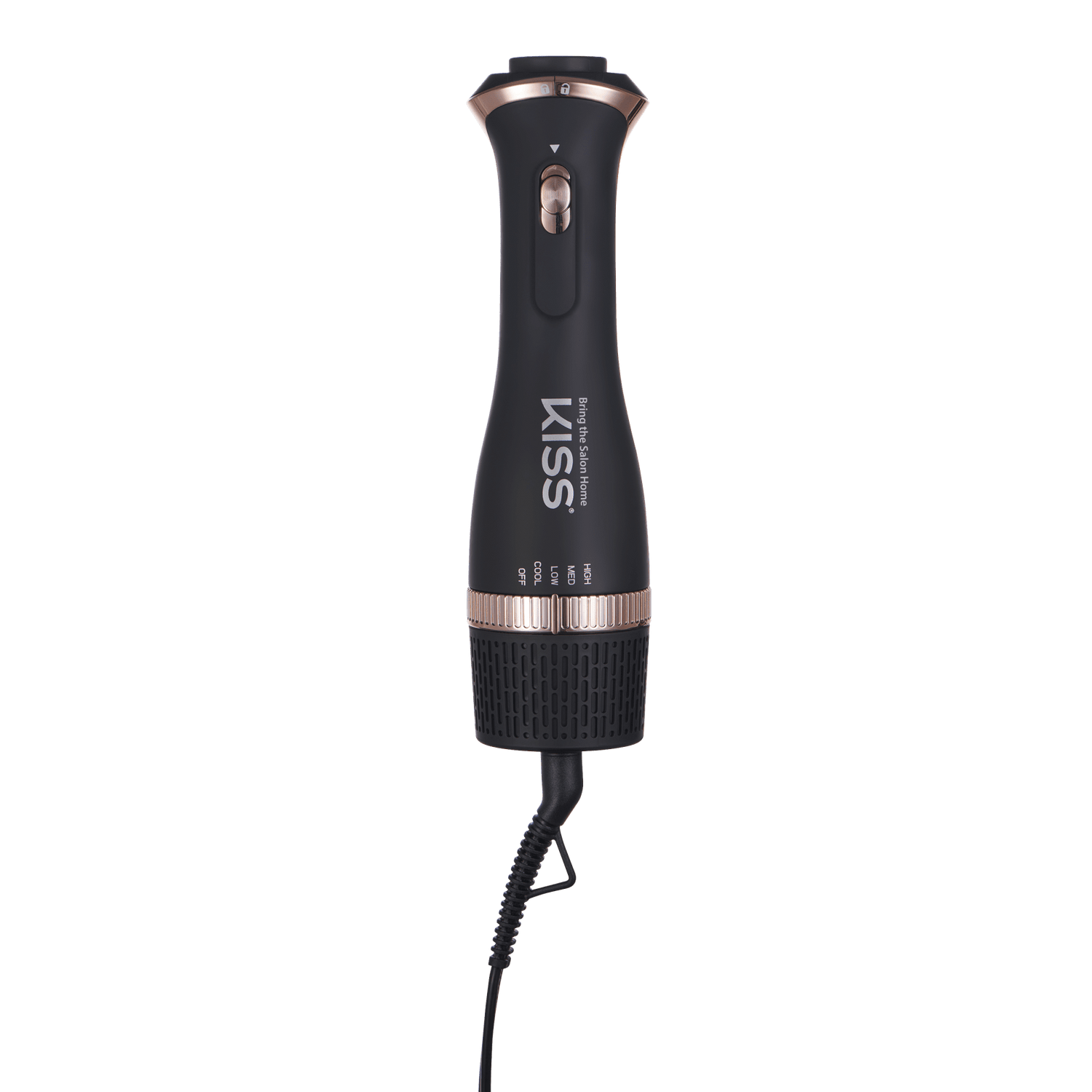 The image shows a black hair styling tool, specifically a hair dryer or hot air brush, branded with the name "KISS." The device has a cylindrical shape with a slightly tapered top and bottom. It features a control switch near the top, likely for adjusting heat or speed settings. The bottom part of the device has a textured grip area, and a power cord extends from the base. The overall design is sleek and modern, with metallic accents around the control switch and the top edge.