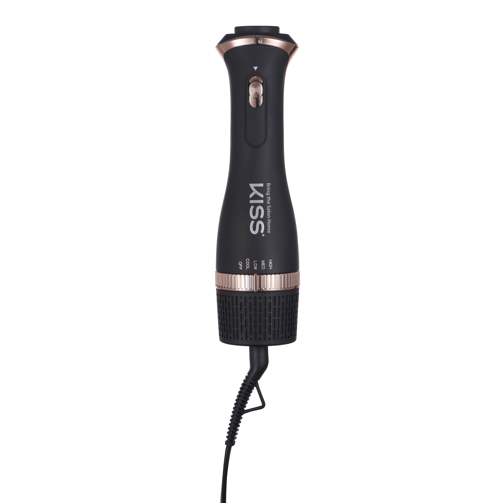 The image shows a black hair styling tool, specifically a hair dryer or hot air brush, branded with the name "KISS." The device has a cylindrical shape with a slightly tapered top and bottom. It features a control switch near the top, likely for adjusting heat or speed settings. The bottom part of the device has a textured grip area, and a power cord extends from the base. The overall design is sleek and modern, with metallic accents around the control switch and the top edge.