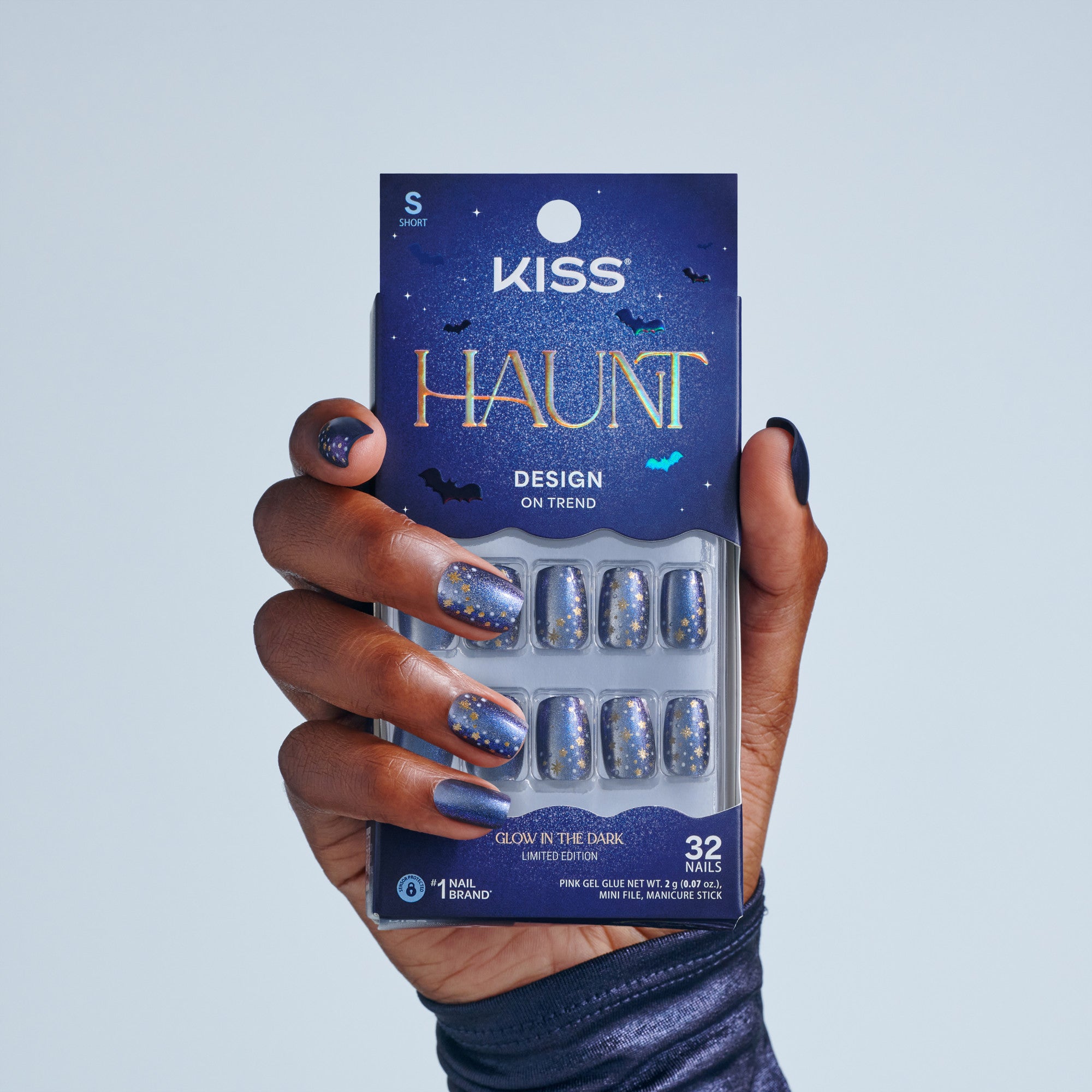 Kiss Haunt Halloween Press On Fake Glue Nails - Silent Howl | Design, Blue, Short, Squoval, Glow In The Dark