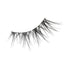 The image shows a single false eyelash. The eyelash is black and features a design with varying lengths of individual lashes, creating a wispy and voluminous effect. The base of the eyelash is a thin, flexible strip that is used to attach the eyelash to the eyelid. The lashes are arranged in a way that mimics the natural growth pattern of real eyelashes, with shorter lashes on the inner corner and longer lashes towards the outer corner.